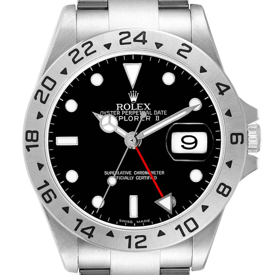 The Rolex Explorer 16570 Men's Stainless Steel Black Dial watch is shown from a front angle, displaying the dial, hands, date window, and part of the bezel and bracelet.