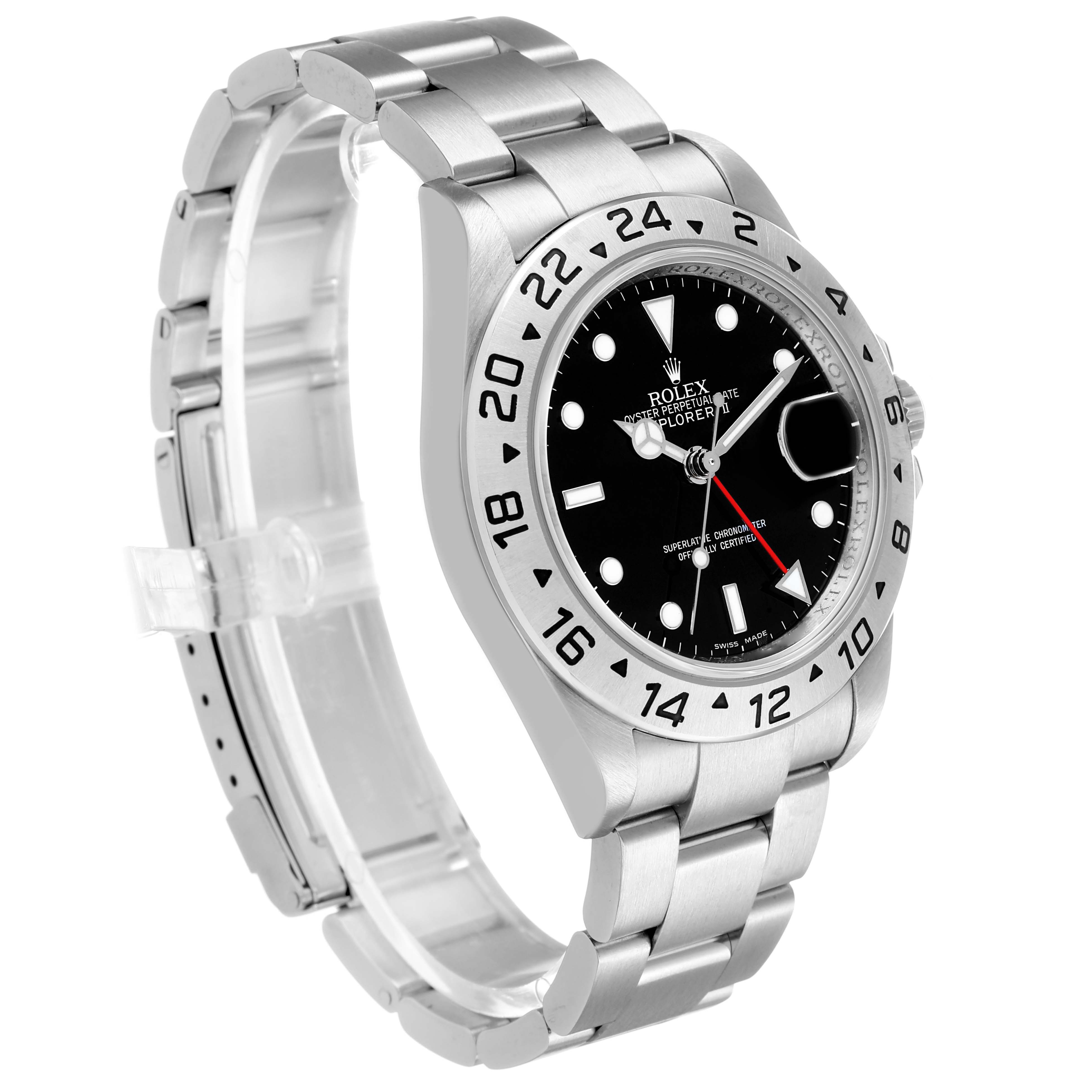 The Rolex Explorer 16570 Men's Stainless Steel Black Dial watch is shown at a slight angle, highlighting its face, bezel, crown, and bracelet.
