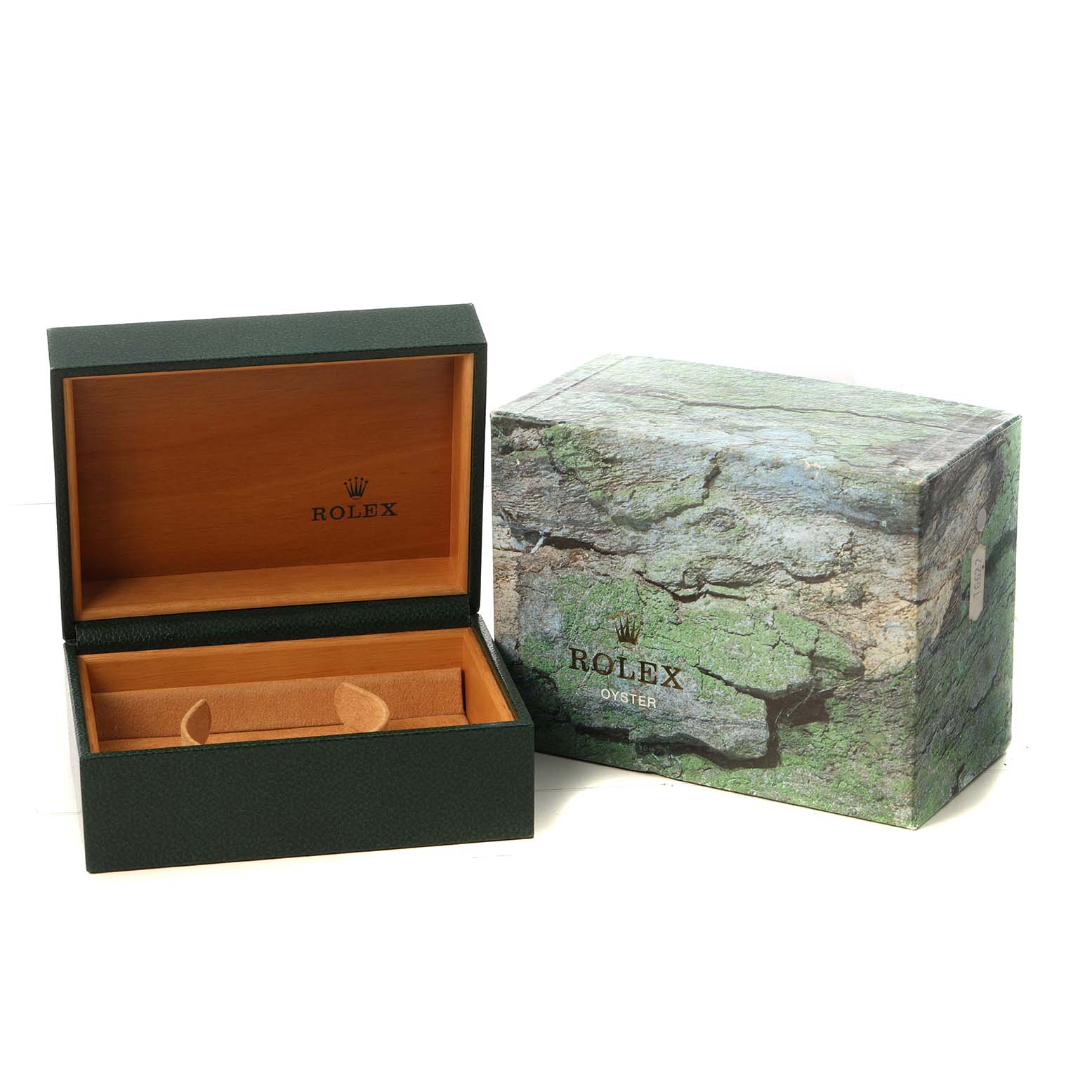 The image shows an open Rolex Explorer 16570 Men's Stainless Steel Black Dial watch box with a green exterior and wooden interior, alongside its textured outer packaging.