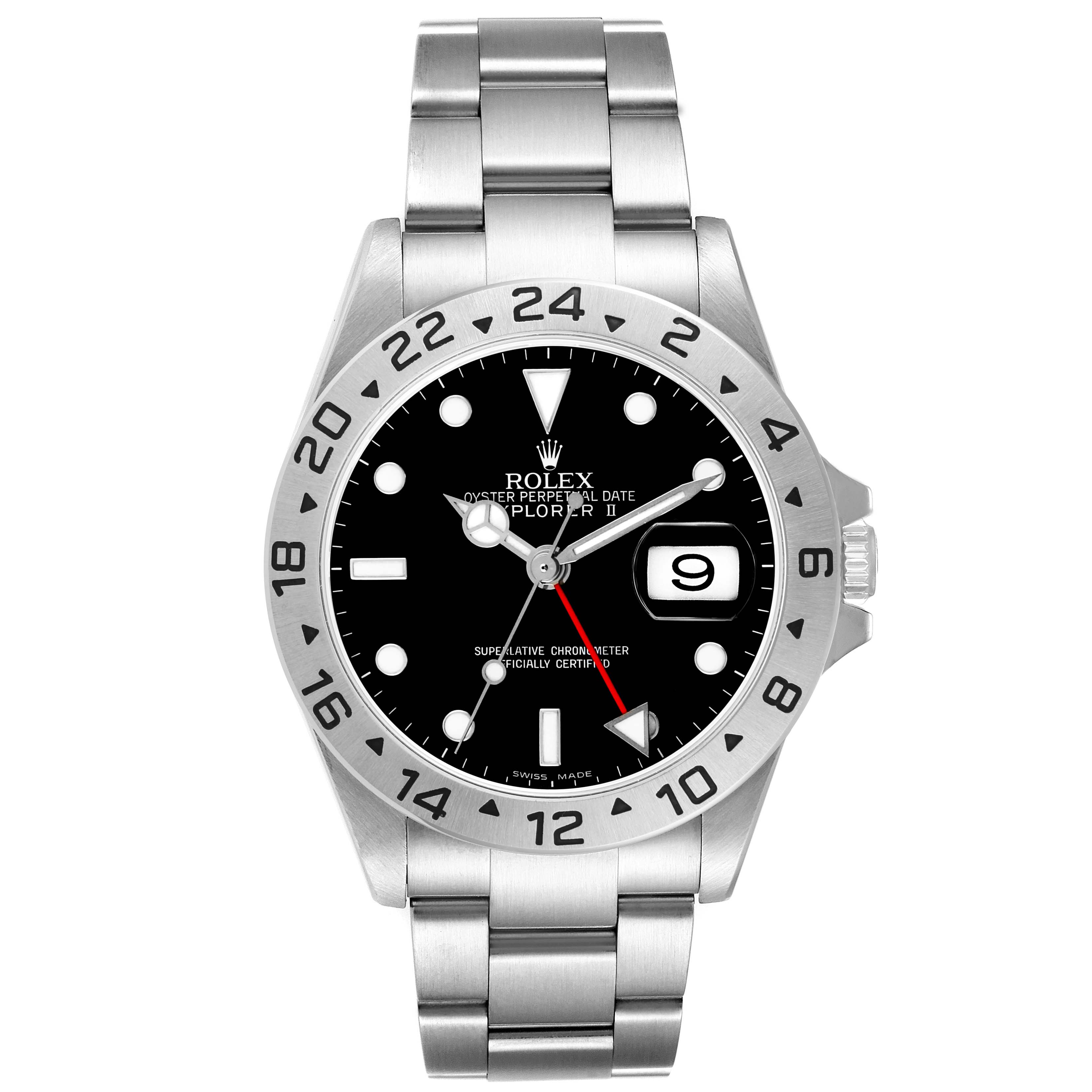 The Rolex Explorer 16570 Men's Stainless Steel Black Dial watch is shown from the front, highlighting its bezel, dial, hands, bracelet, and date window.