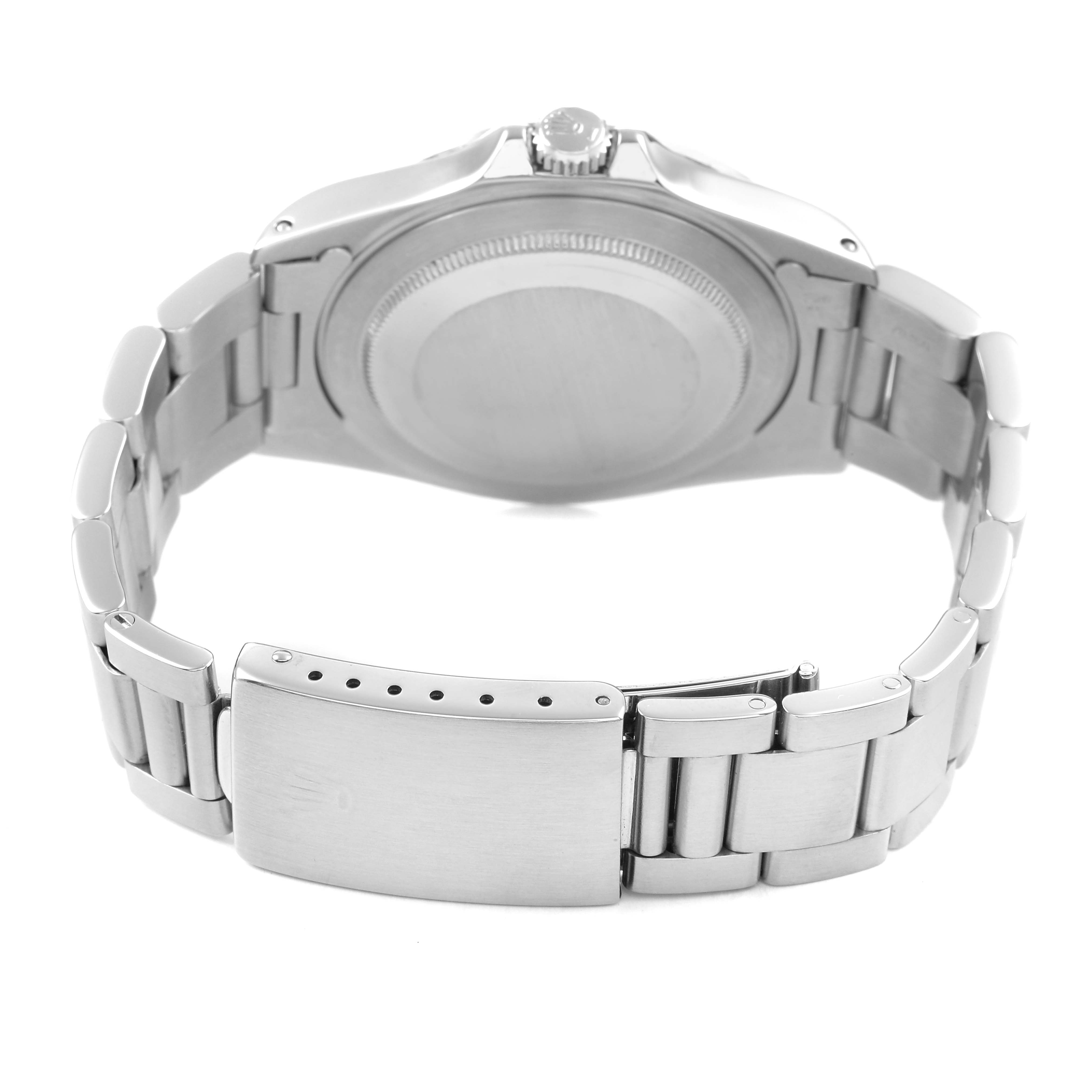 The image shows the Rolex Explorer 16570 Men's Stainless Steel White Dial watch from the back, highlighting the case back, bracelet, and clasp.