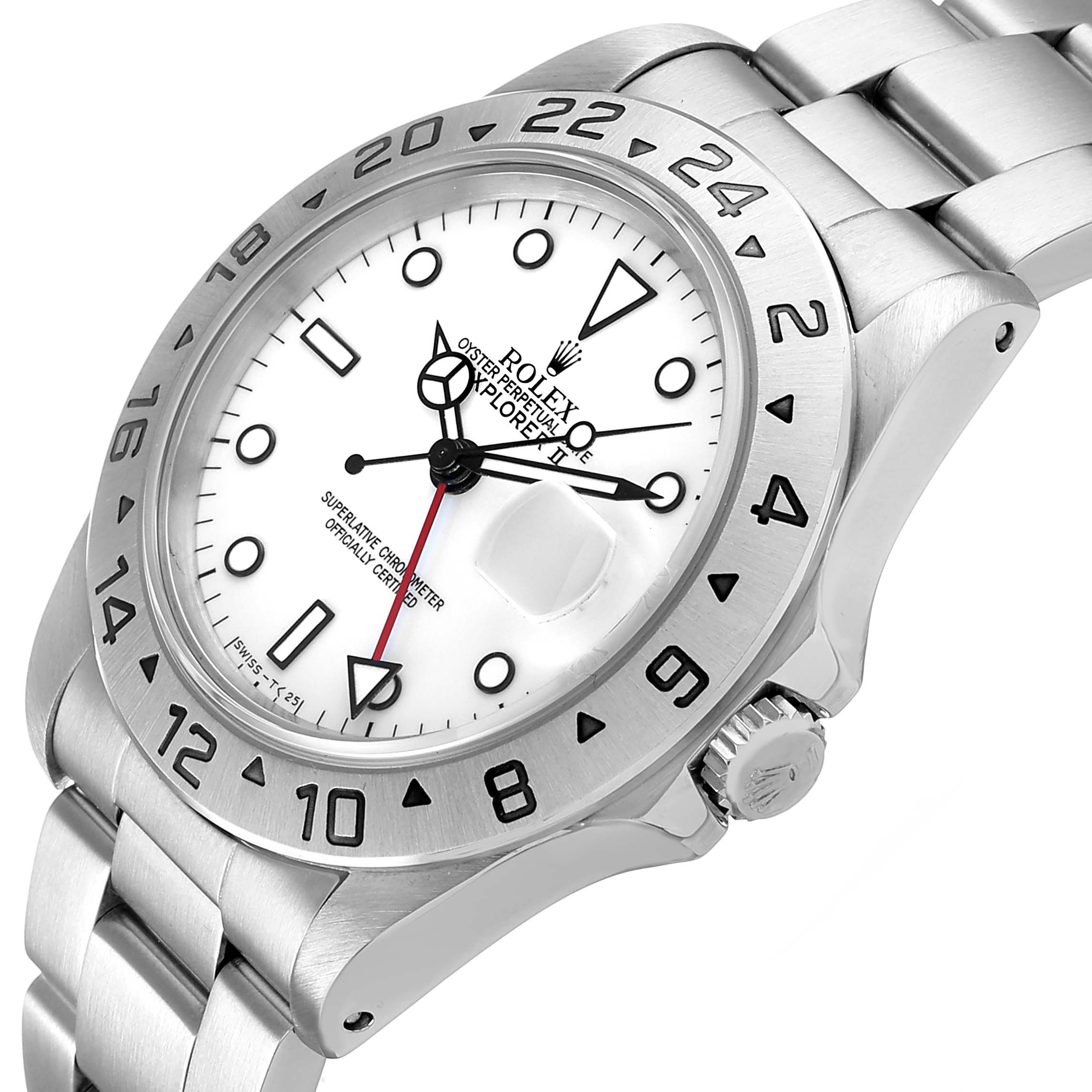 The Rolex Explorer 16570 Men's Stainless Steel White Dial watch is shown at an angle highlighting the face, bezel, crown, and part of the bracelet.