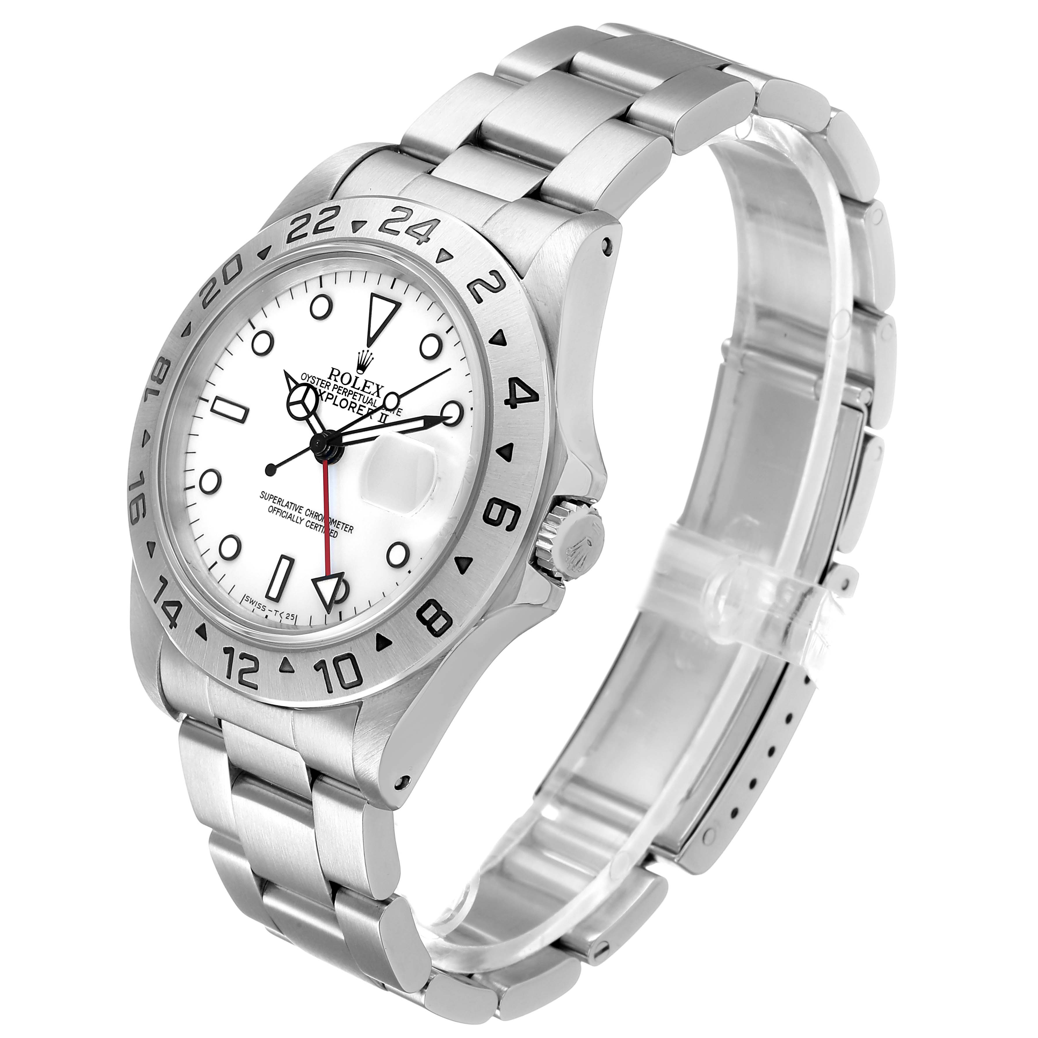 The Rolex Explorer 16570 Men's Stainless Steel White Dial model watch is shown at a slight angle, displaying the face, bezel, crown, and bracelet.
