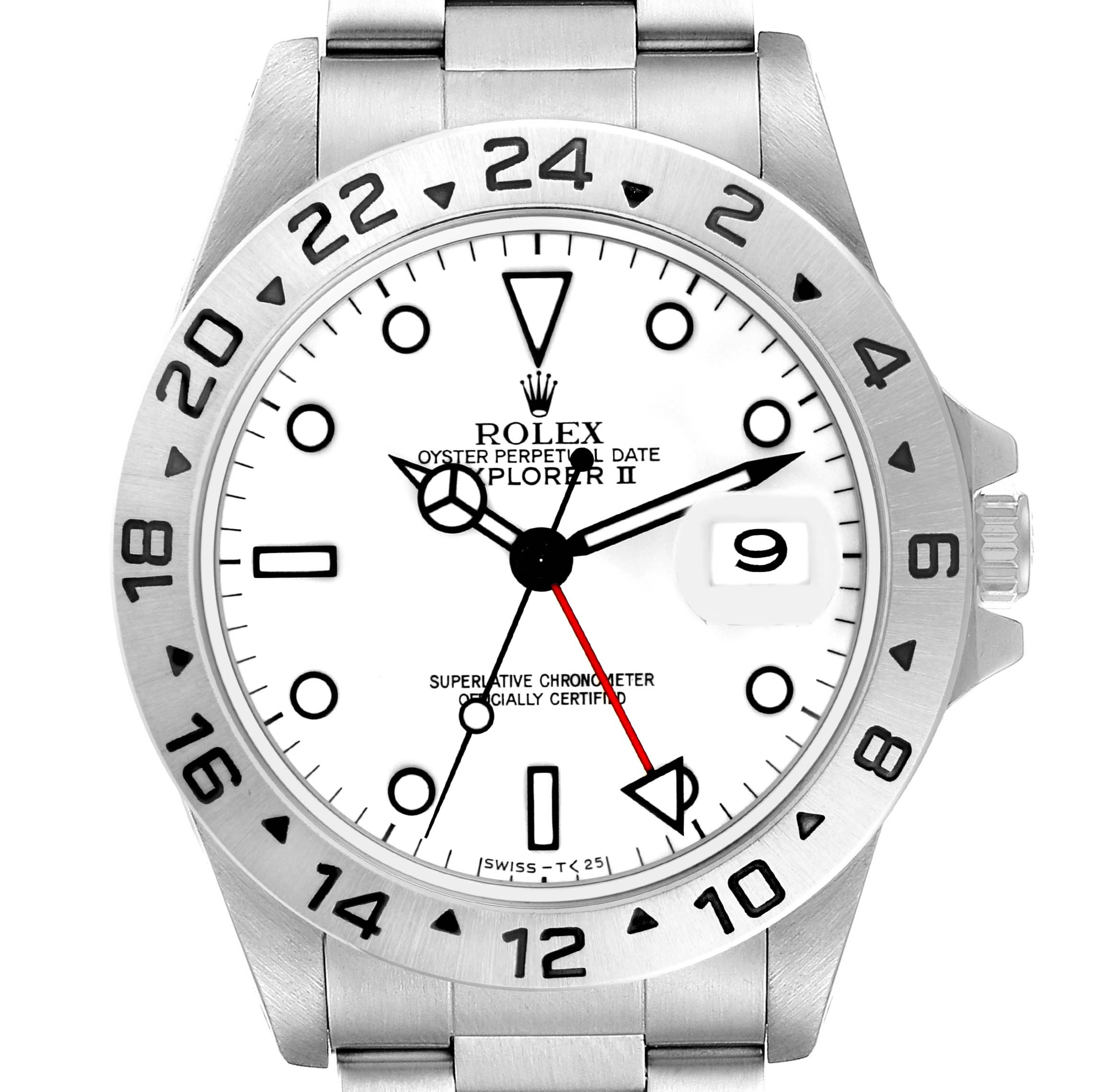The image shows a front view of the Rolex Explorer 16570 Men's Stainless Steel White Dial II watch, highlighting the dial, bezel, and bracelet.
