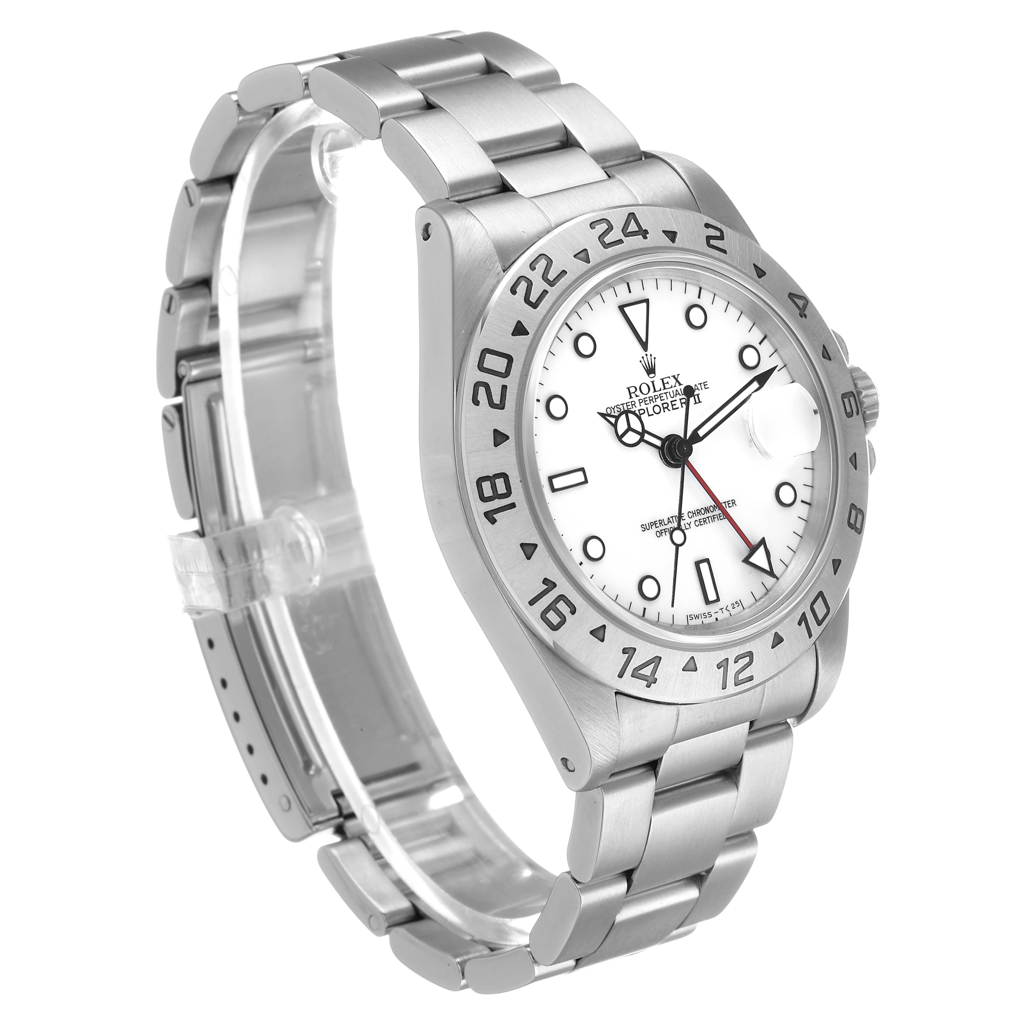 The Rolex Explorer 16570 Men's Stainless Steel White Dial watch is shown at a three-quarter angle, highlighting the face, bezel, and stainless steel bracelet.