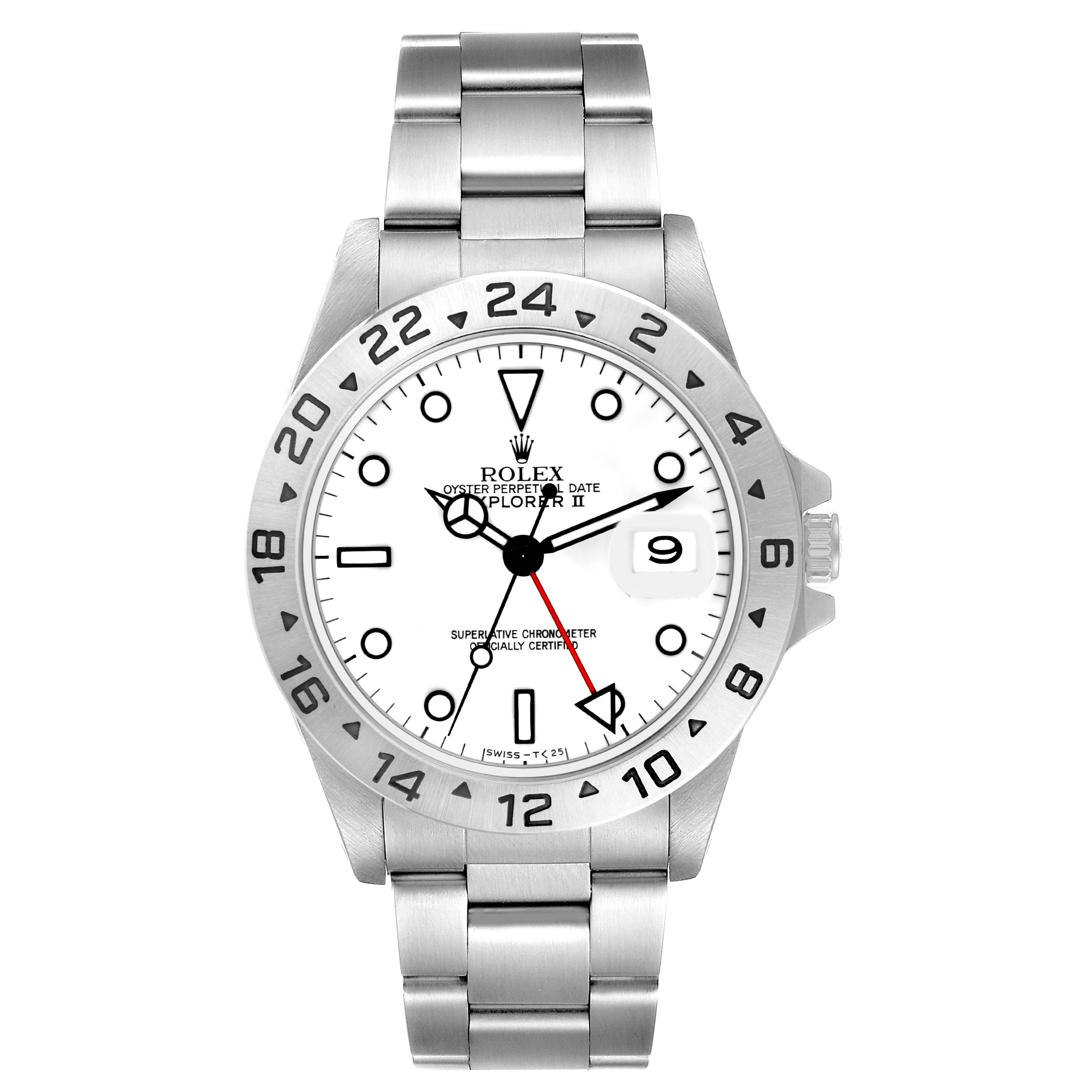 The image shows a Rolex Explorer 16570 Men's Stainless Steel White Dial II watch from the front, highlighting the bezel, dial, hands, bracelet, and date function.