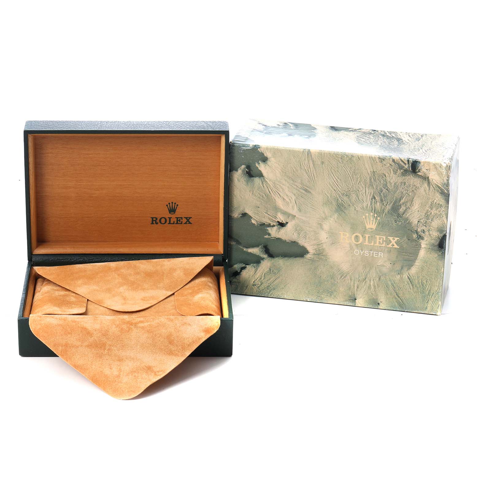 The image shows the packaging of a Rolex Explorer 16570 Men's Stainless Steel White Dial, including an open wooden box and a textured outer box.