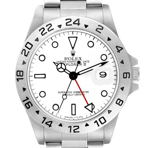The image shows a front view of a Rolex Explorer 16570 Men's Stainless Steel White Dial II, highlighting the bezel, dial, and bracelet.