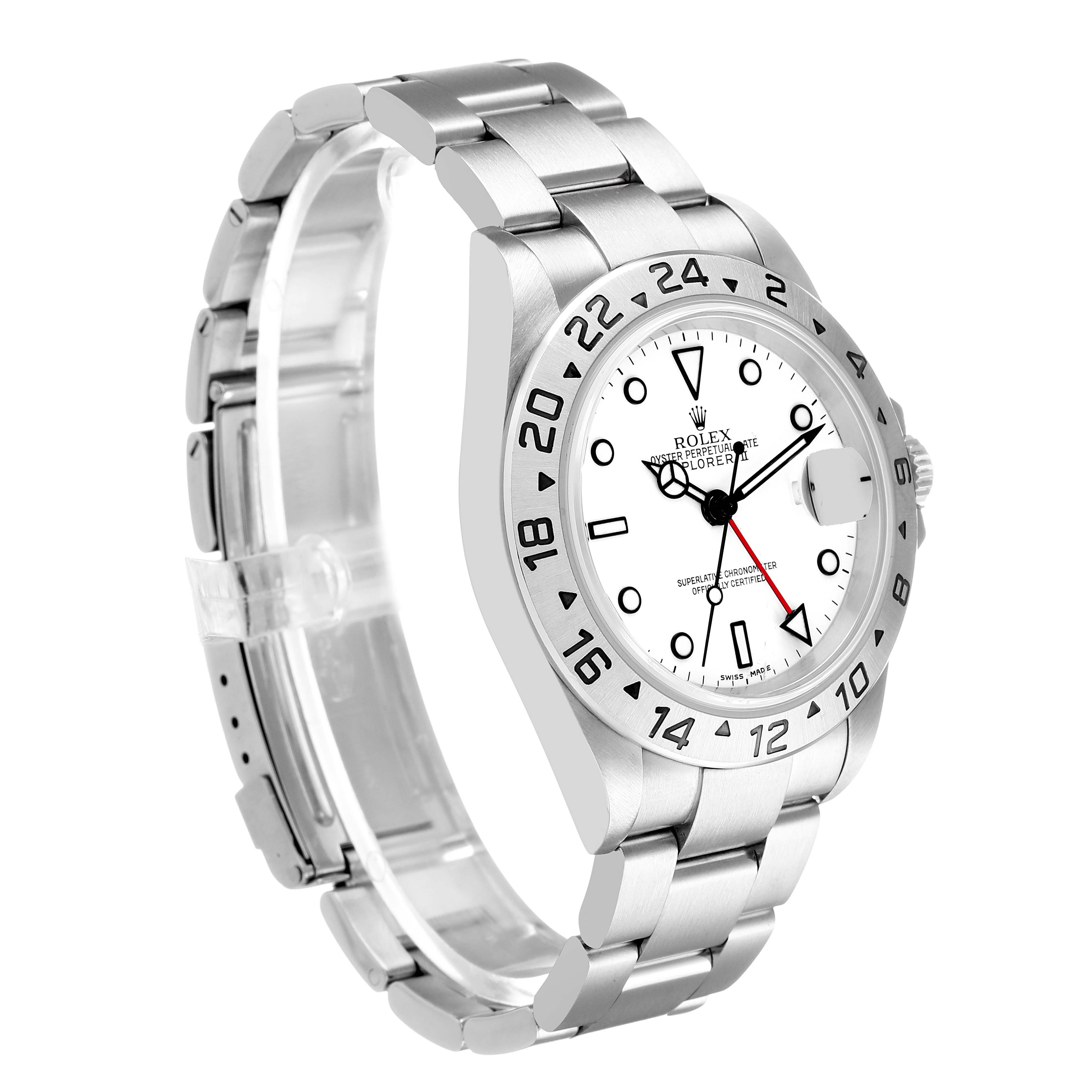 The image shows a Rolex Explorer 16570 T Men's Stainless Steel White Dial watch at a three-quarter angle, displaying its bezel, dial, bracelet, and crown.