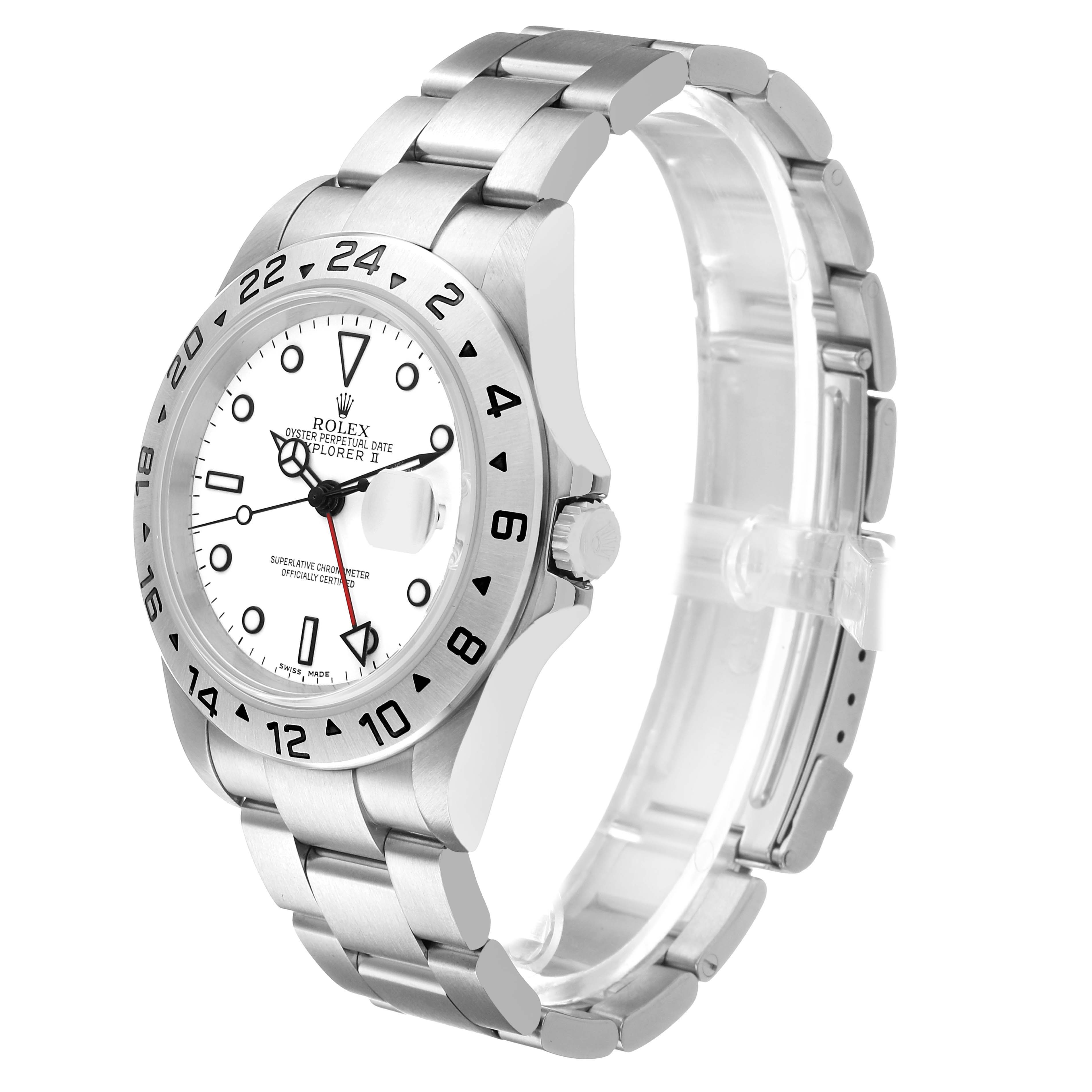 The Rolex Explorer 16570 T Men's Stainless Steel White Dial II watch is shown at a three-quarter angle, highlighting the face, bezel, crown, and part of the bracelet.