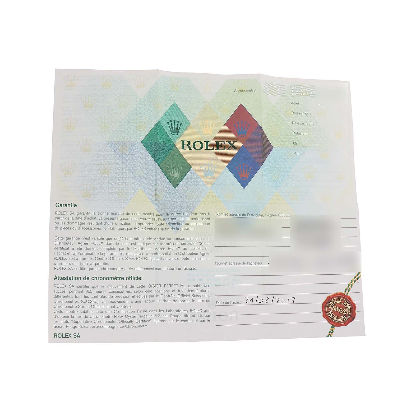 This is a document for the Rolex Explorer 16570 T Men's Stainless Steel White Dial watch, showcasing the guarantee and purchase details.