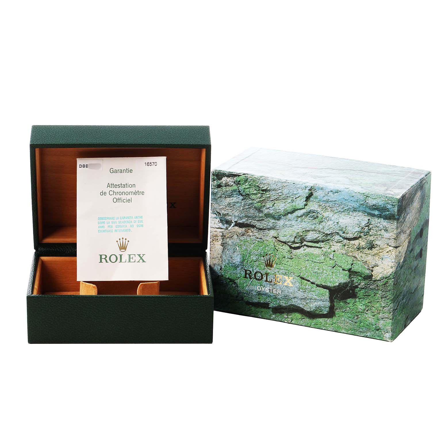 The image shows an open box for a Rolex Explorer 16570 T Men's Stainless Steel White Dial with a certificate inside and a patterned outer box to the side.