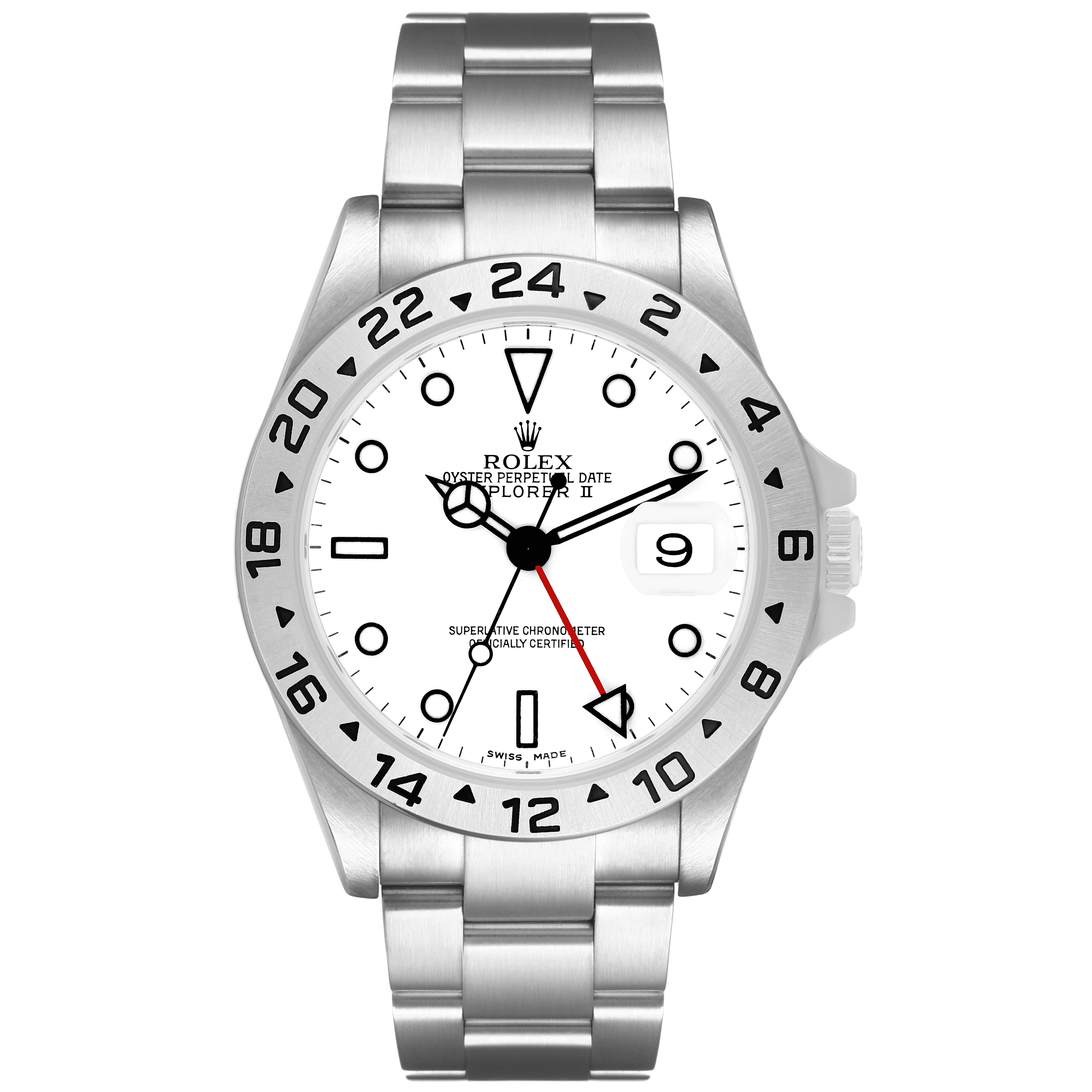 The Rolex Explorer 16570 T Men's Stainless Steel White Dial watch is shown from a frontal angle, displaying its face, bezel, and bracelet.
