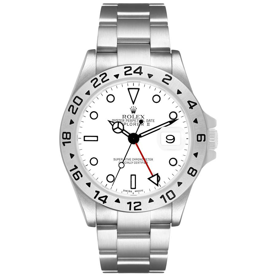 The Rolex Explorer 16570 T Men's Stainless Steel White Dial watch is shown from a frontal angle, displaying its face, bezel, and bracelet.