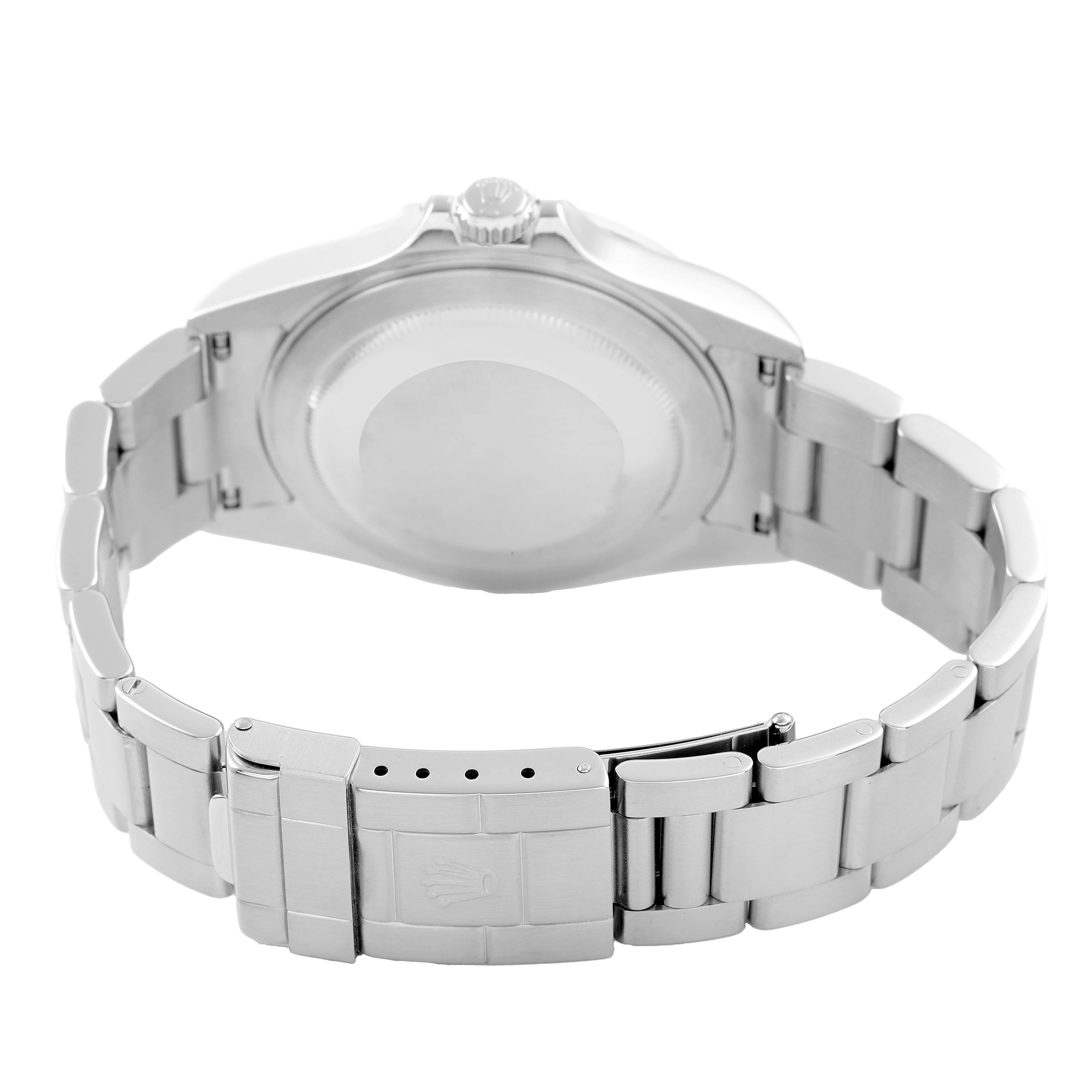 The image shows the back case and bracelet of a Rolex Explorer 16570 T Men's Stainless Steel White Dial watch, viewed from the rear angle.