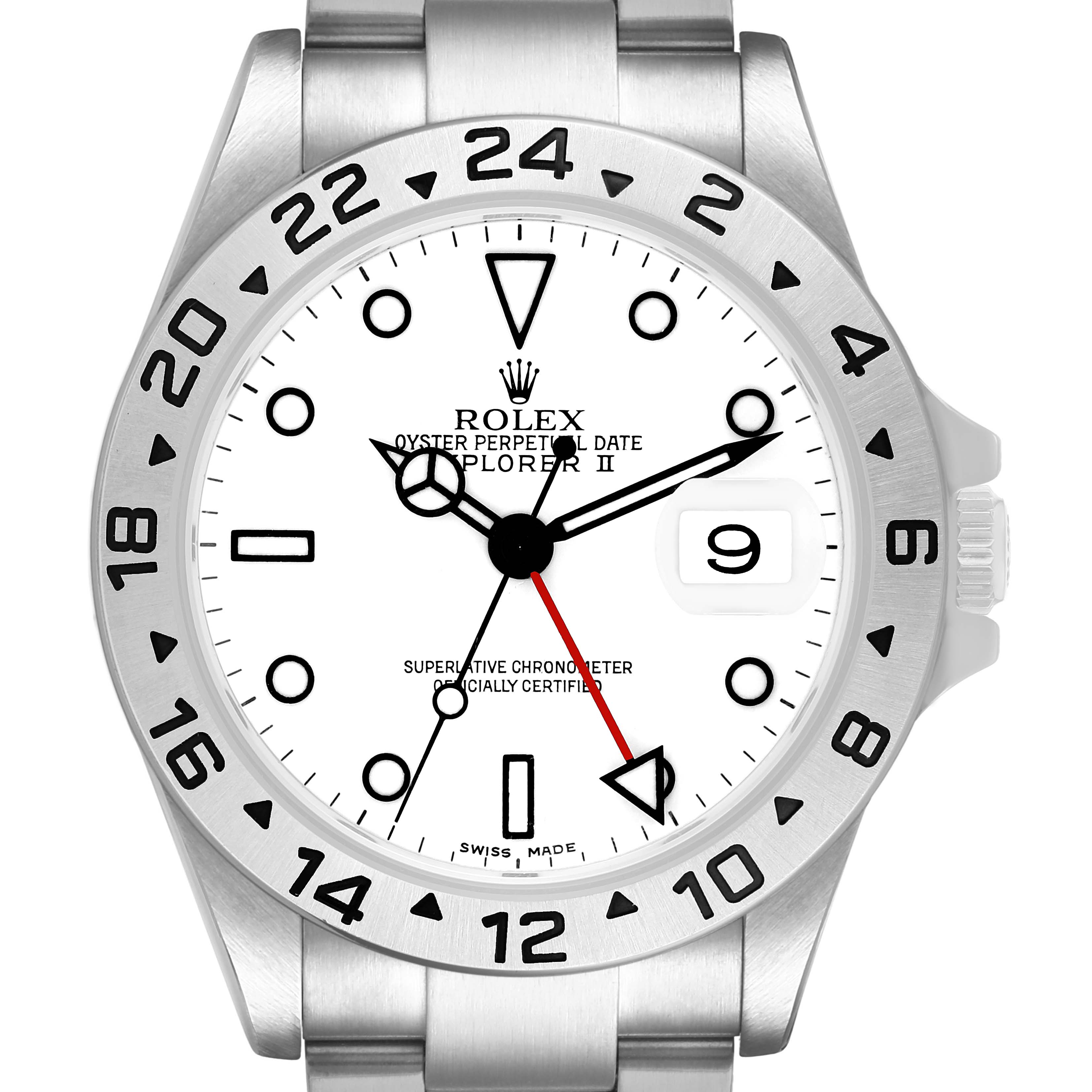 The Rolex Explorer 16570 T Men's Stainless Steel White Dial model watch is shown from the front, displaying its dial, bezel, and bracelet.