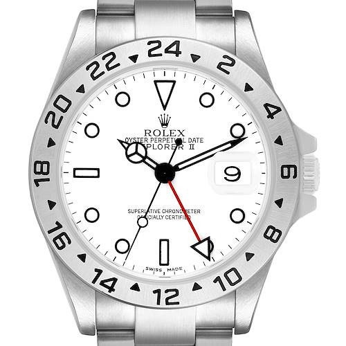 The Rolex Explorer 16570 T Men's Stainless Steel White Dial II watch is shown from a front angle, highlighting its dial, hands, bezel, and crown.