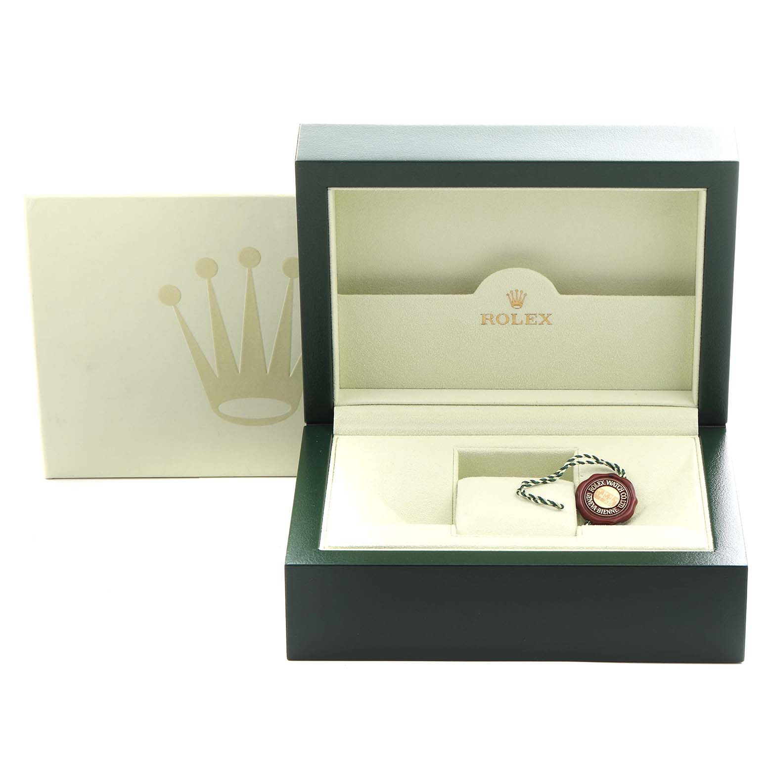 The image shows an open Rolex GMT-Master 126710 Men's Stainless Steel Black Dial 126710 Men's Stainless Steel Black Dial box with a green tag inside, viewed from the front angle.