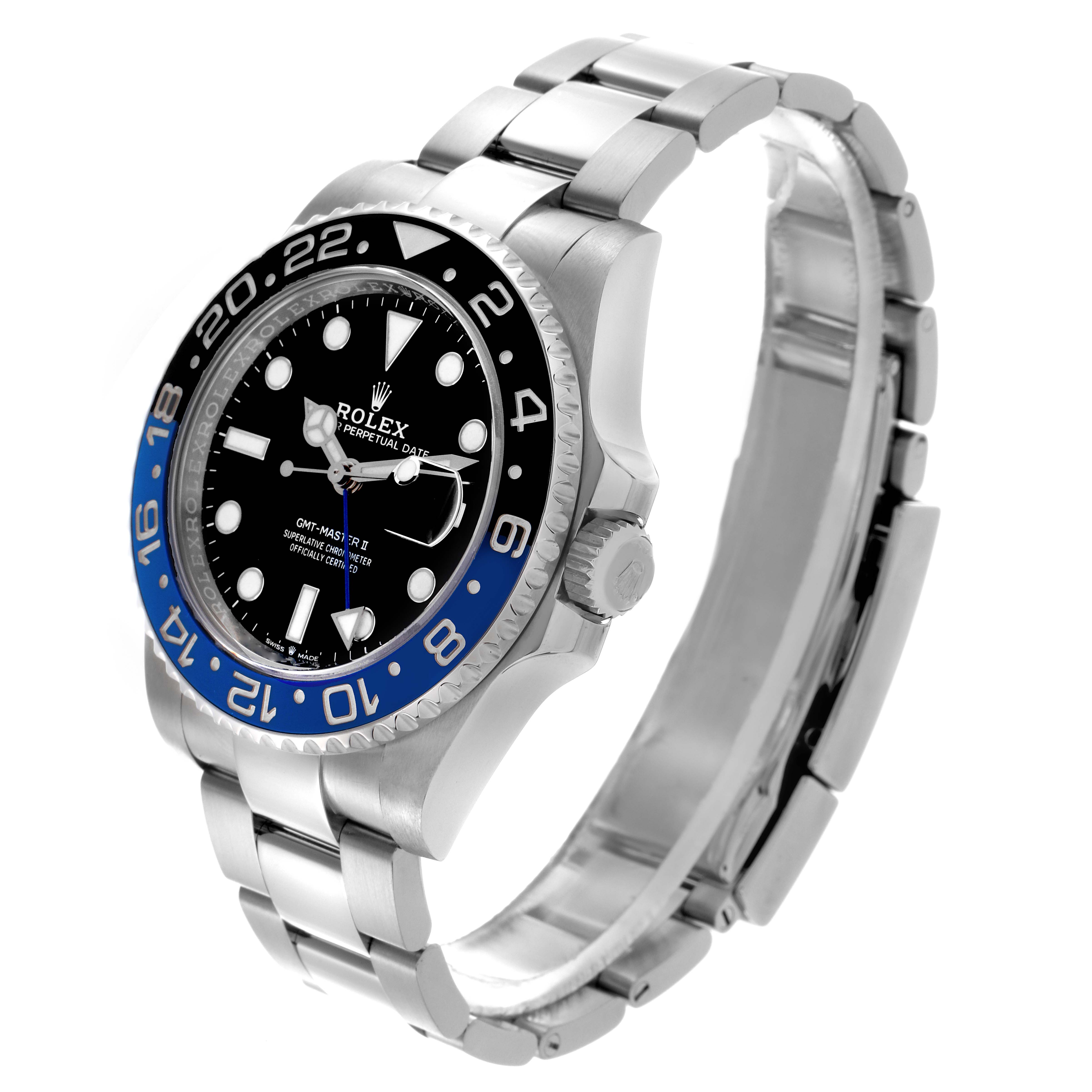 The Rolex GMT-Master 126710 Men's Stainless Steel Black Dial 126710 Men's Stainless Steel Black Dial watch is shown at a slight angle, displaying its face, bezel, and part of the bracelet.