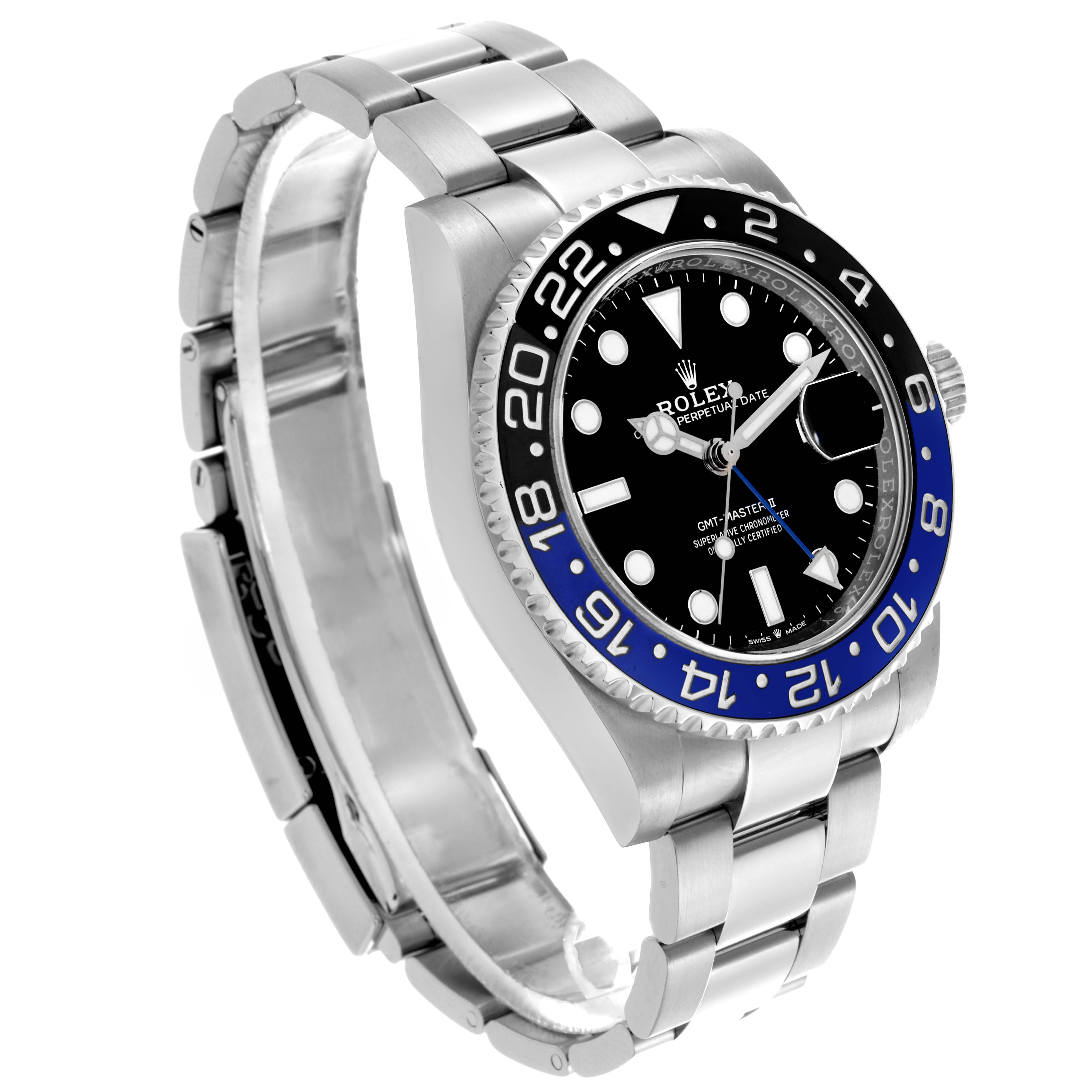 The Rolex GMT-Master 126710 Men's Stainless Steel Black Dial 126710 Men's Stainless Steel Black Dial is shown at an angled side view, displaying the bezel, dial, and bracelet.