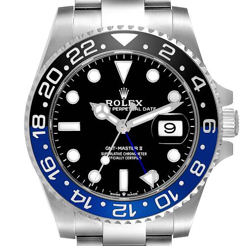 The Rolex GMT-Master II is shown from the front, highlighting the bezel, dial, hands, and crown.