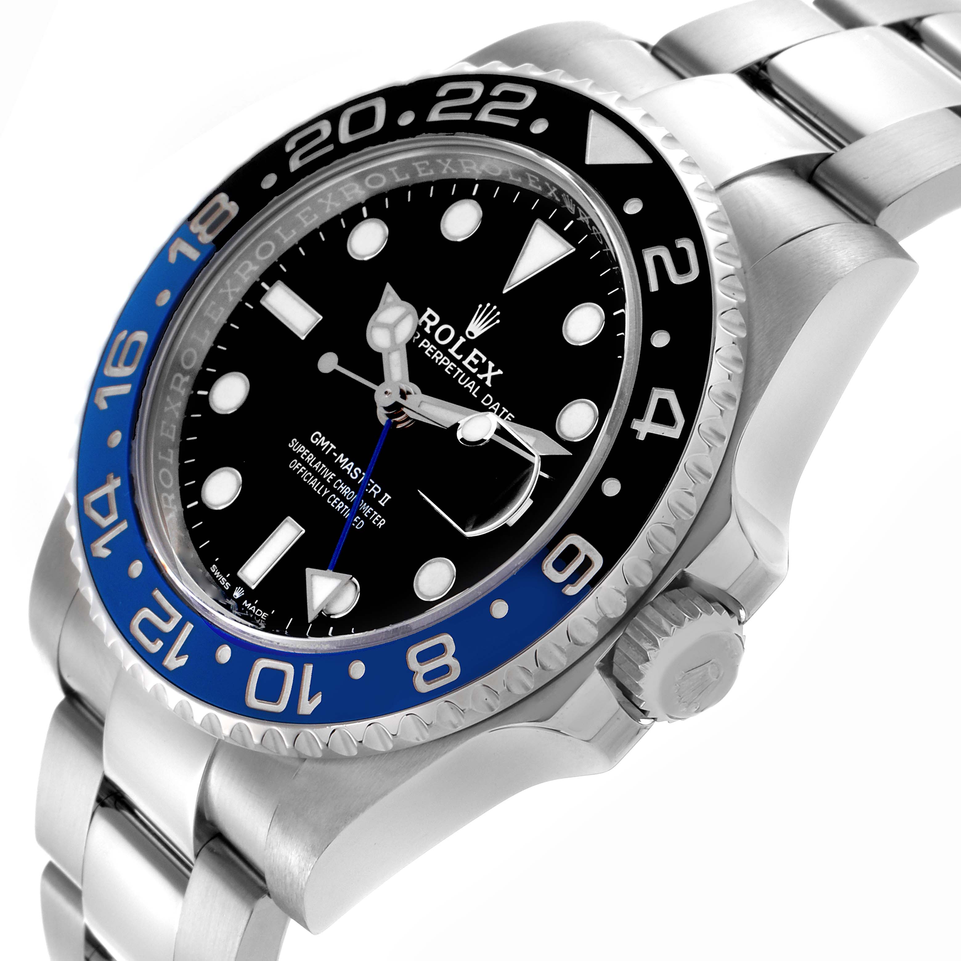 The Rolex GMT-Master 126710 Men's Stainless Steel Black Dial 126710 Men's Stainless Steel Black Dial watch is shown at a side angle, displaying the bezel, crown, and part of the watch bracelet.