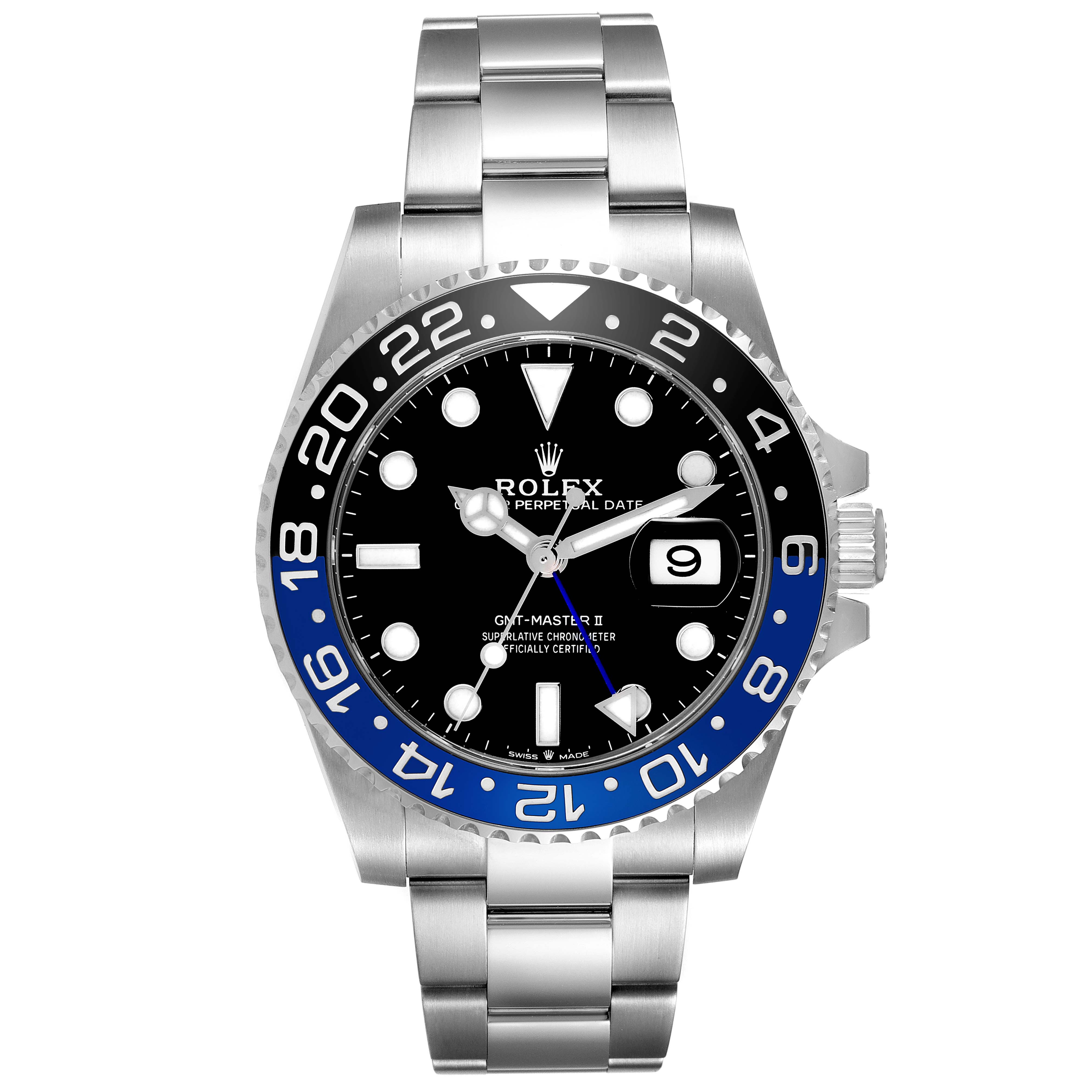 The Rolex GMT-Master 126710 Men's Stainless Steel Black Dial 126710 Men's Stainless Steel Black Dial watch is shown from a top-down angle, highlighting the dial, bezel, and bracelet.