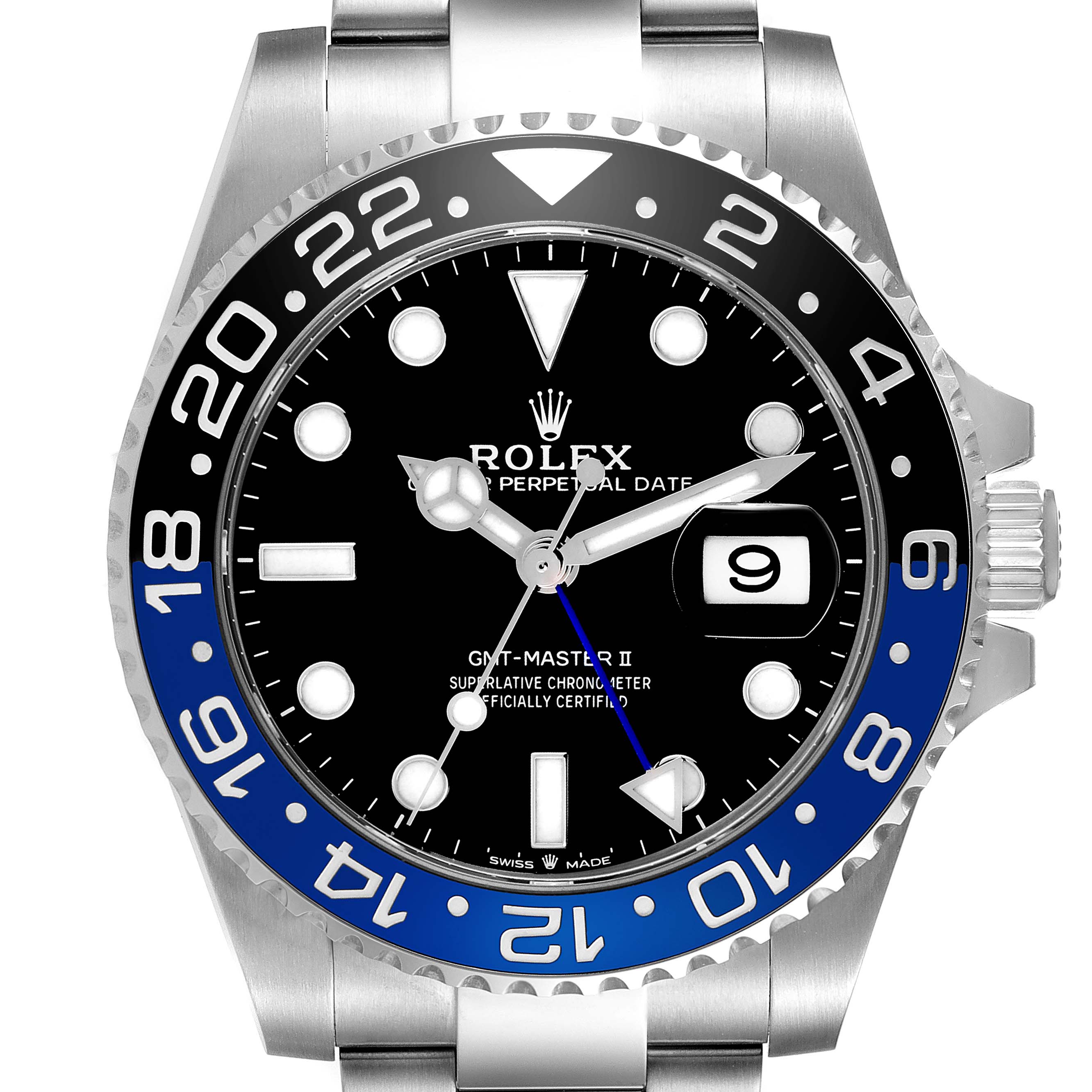 The image shows a front view of the Rolex GMT-Master 126710 Men's Stainless Steel Black Dial 126710 Men's Stainless Steel Black Dial II, highlighting the dial, bezel, and part of the bracelet.