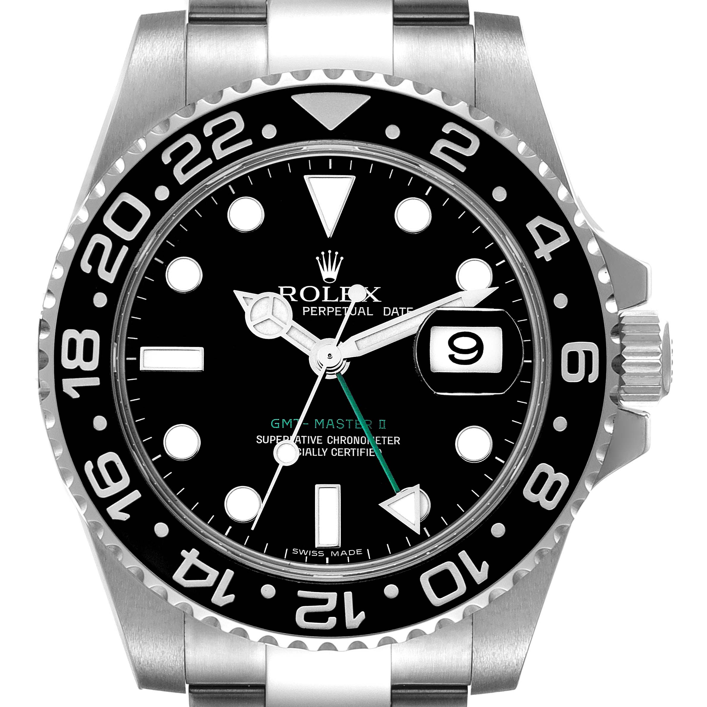 The image shows a front view of the Rolex GMT-Master 116710 Men
s Stainless Steel Black Dial 116710 Men
s Stainless Steel Black Dial II watch, displaying the dial, bezel, crown, and part of the metal bracelet.