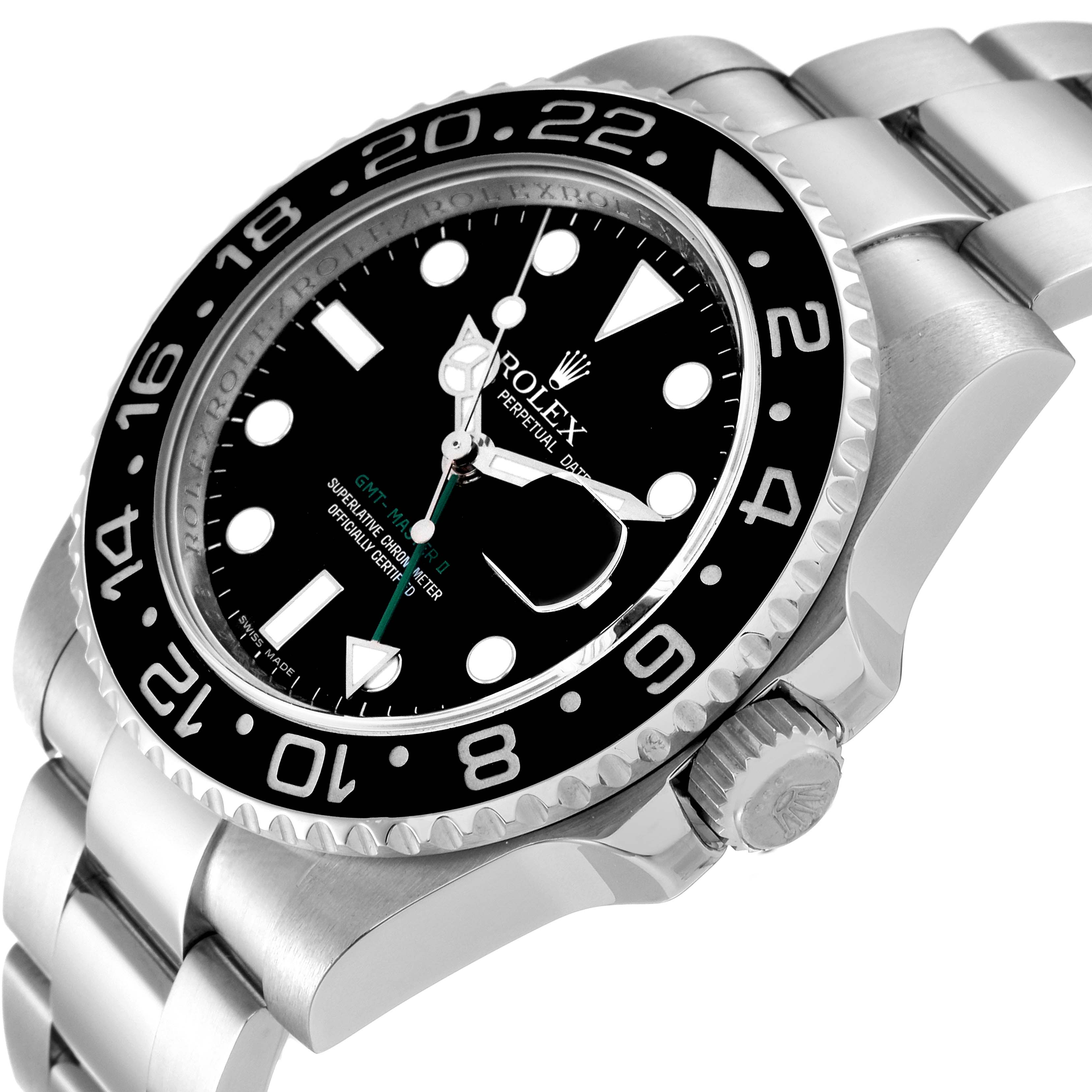 The image shows a close-up angle of the Rolex GMT-Master 116710 Men
s Stainless Steel Black Dial 116710 Men
s Stainless Steel Black Dial
s face, bezel, crown, and part of the bracelet.