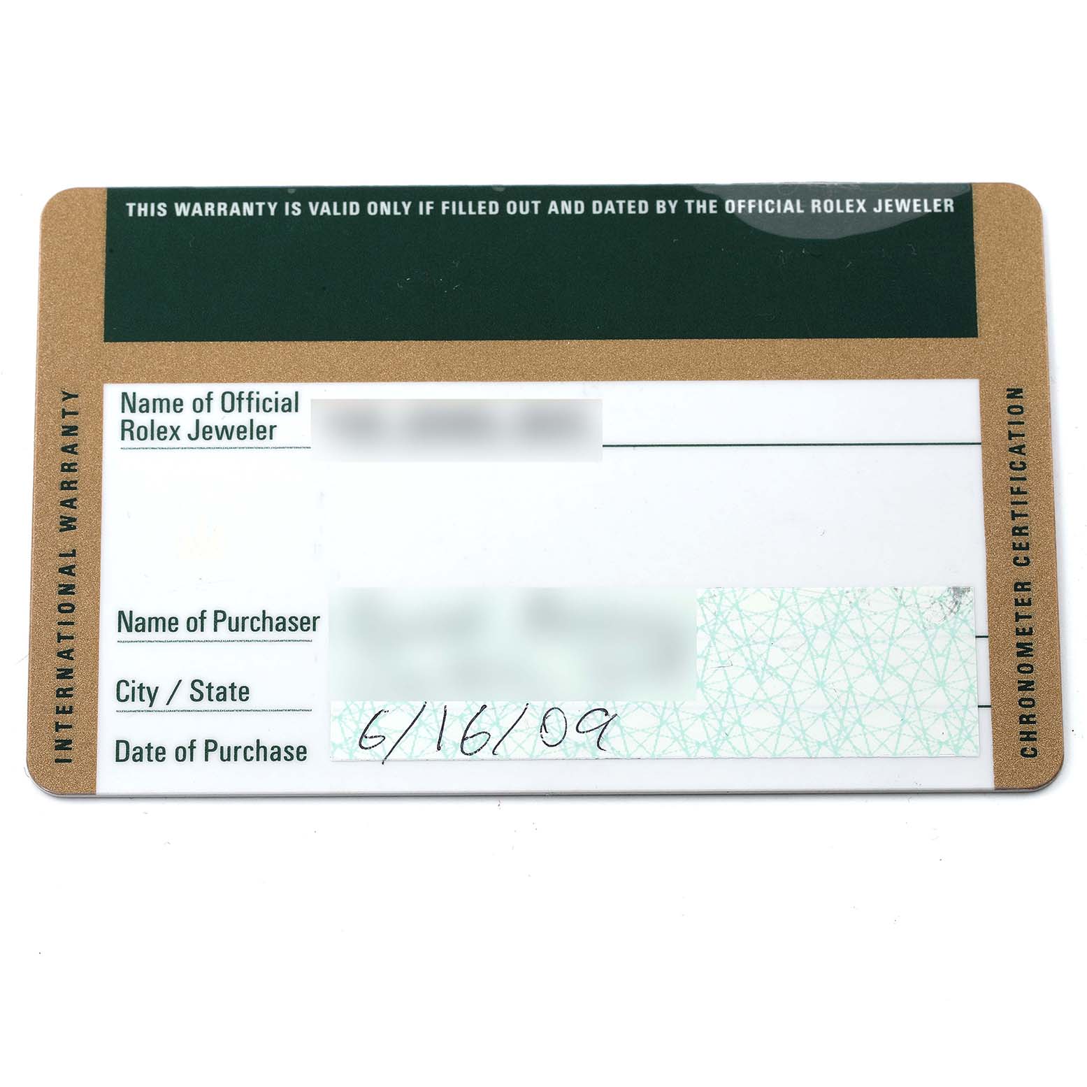 This image shows the front side of an International Warranty card for the Rolex GMT-Master 116710 Men
s Stainless Steel Black Dial 116710 Men
s Stainless Steel Black Dial watch.