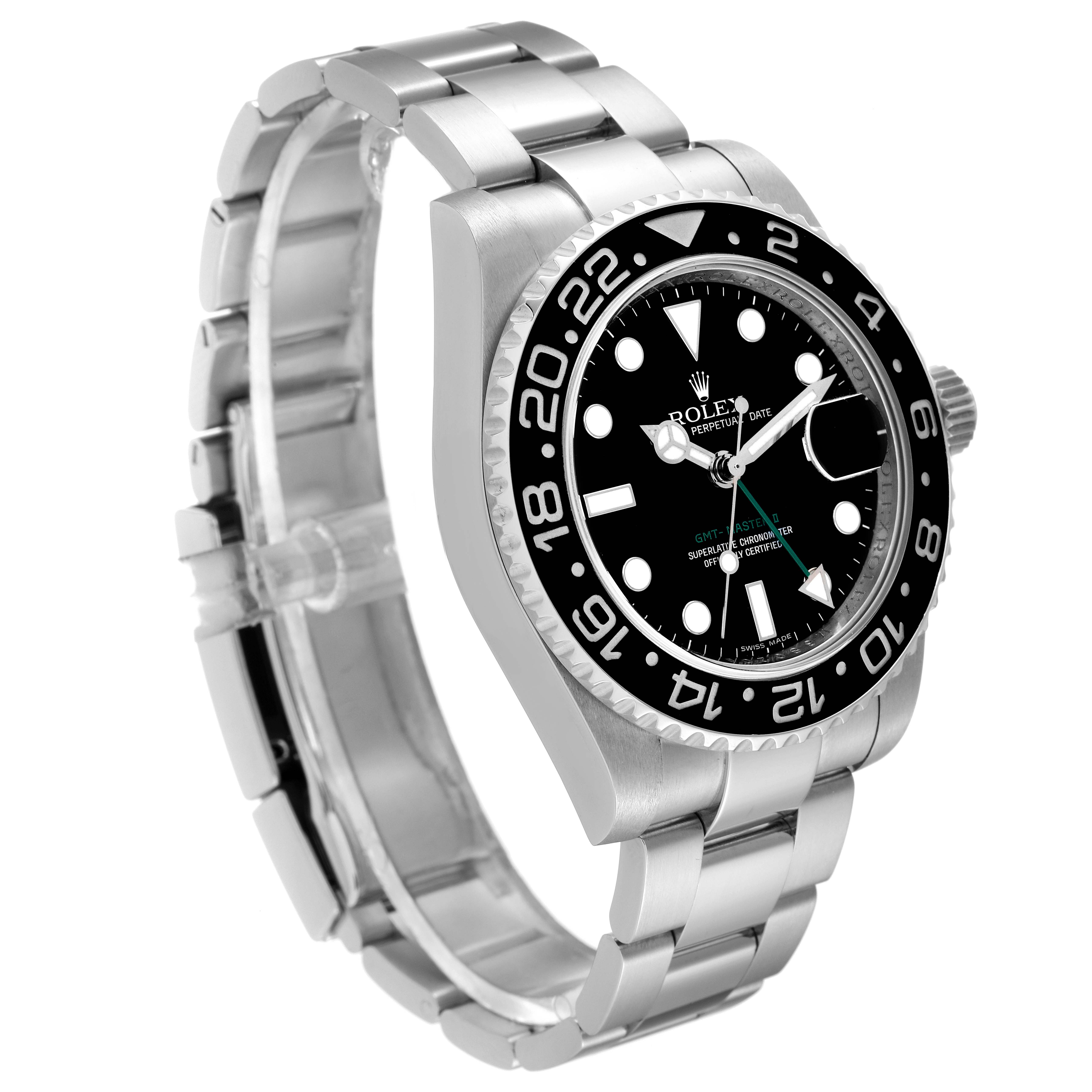 The image shows a Rolex GMT-Master 116710 Men
s Stainless Steel Black Dial 116710 Men
s Stainless Steel Black Dial watch in a three-quarter angle highlighting the bracelet, bezel, and dial.