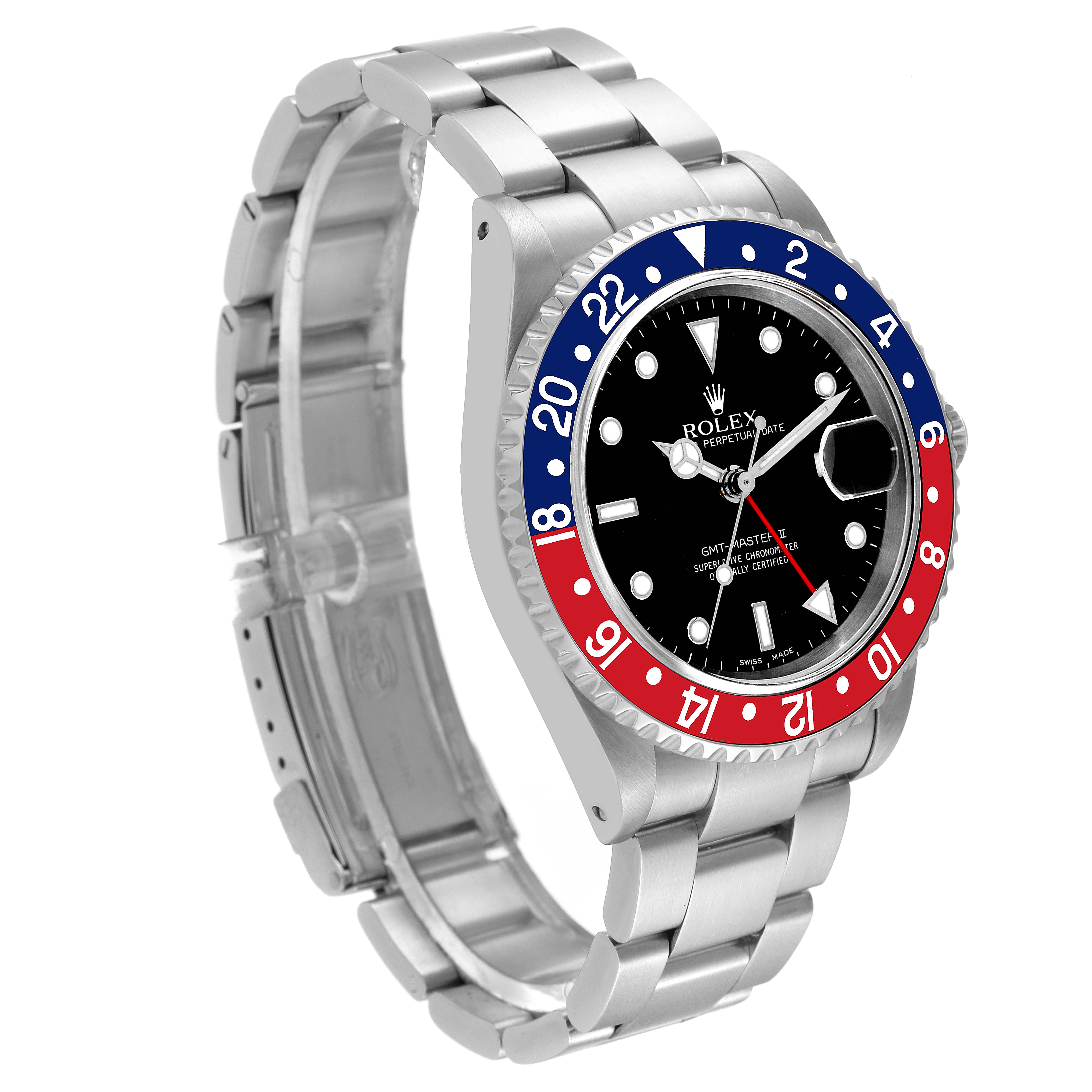 The image shows a Rolex GMT-Master 16710 Men
s Stainless Steel Black Dial 16710 Men
s Stainless Steel Black Dial watch at a three-quarter angle, highlighting its bezel, face, and bracelet.