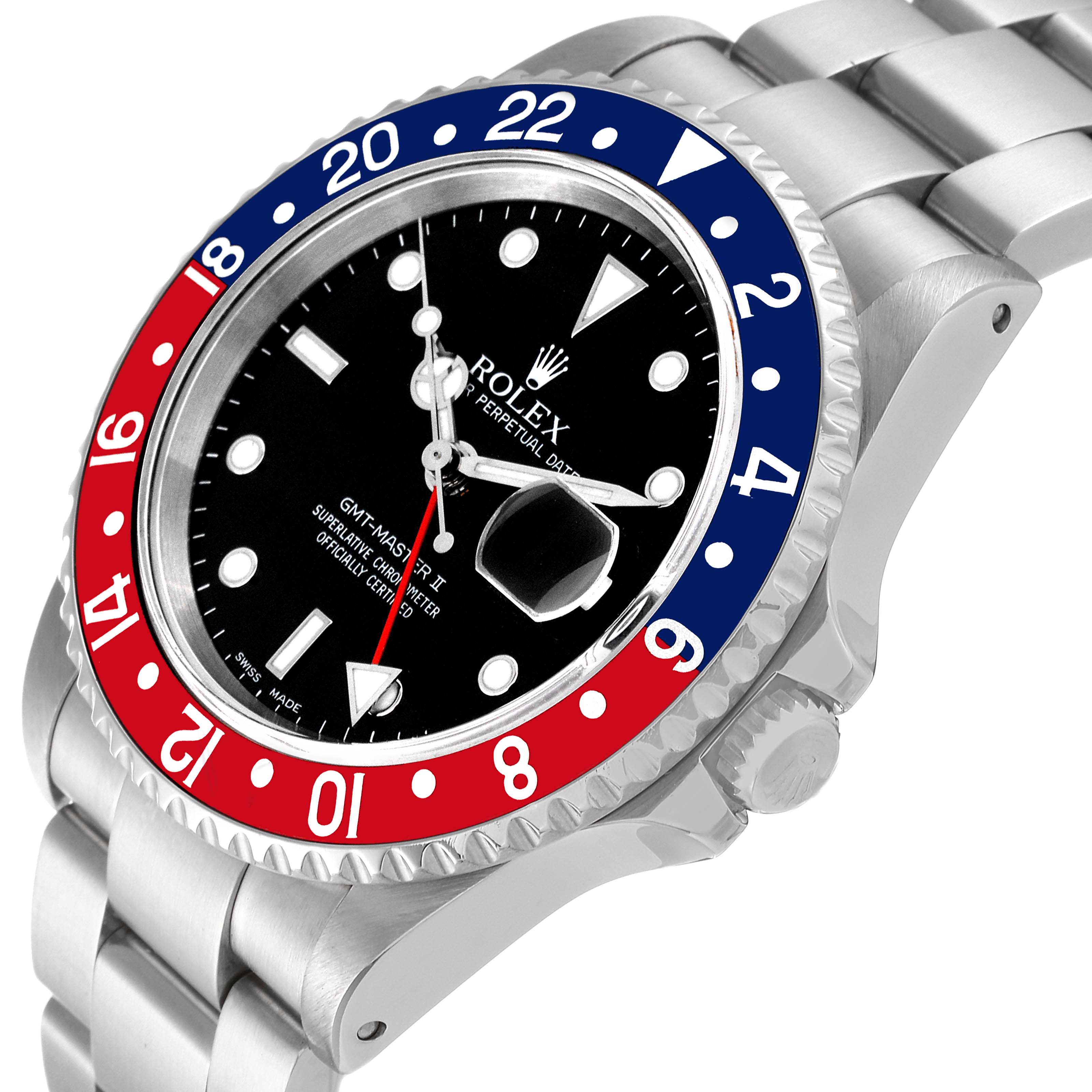 The image shows a close-up angled view of the Rolex GMT-Master 16710 Men
s Stainless Steel Black Dial 16710 Men
s Stainless Steel Black Dial II watch, highlighting its dial, bezel, case, and bracelet.