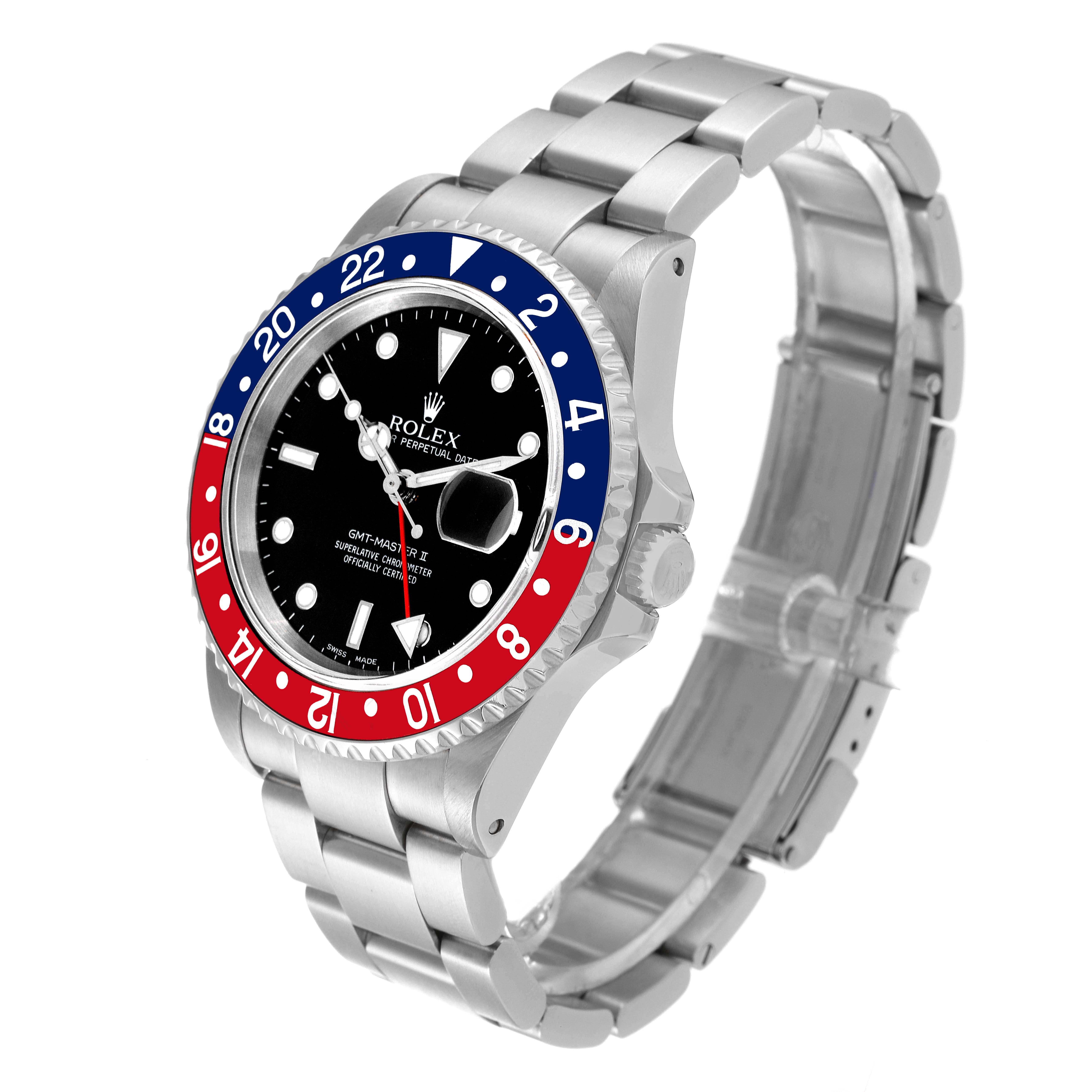 The Rolex GMT-Master 16710 Men
s Stainless Steel Black Dial 16710 Men
s Stainless Steel Black Dial watch is shown at a three-quarter angle displaying the face, case, and bracelet.