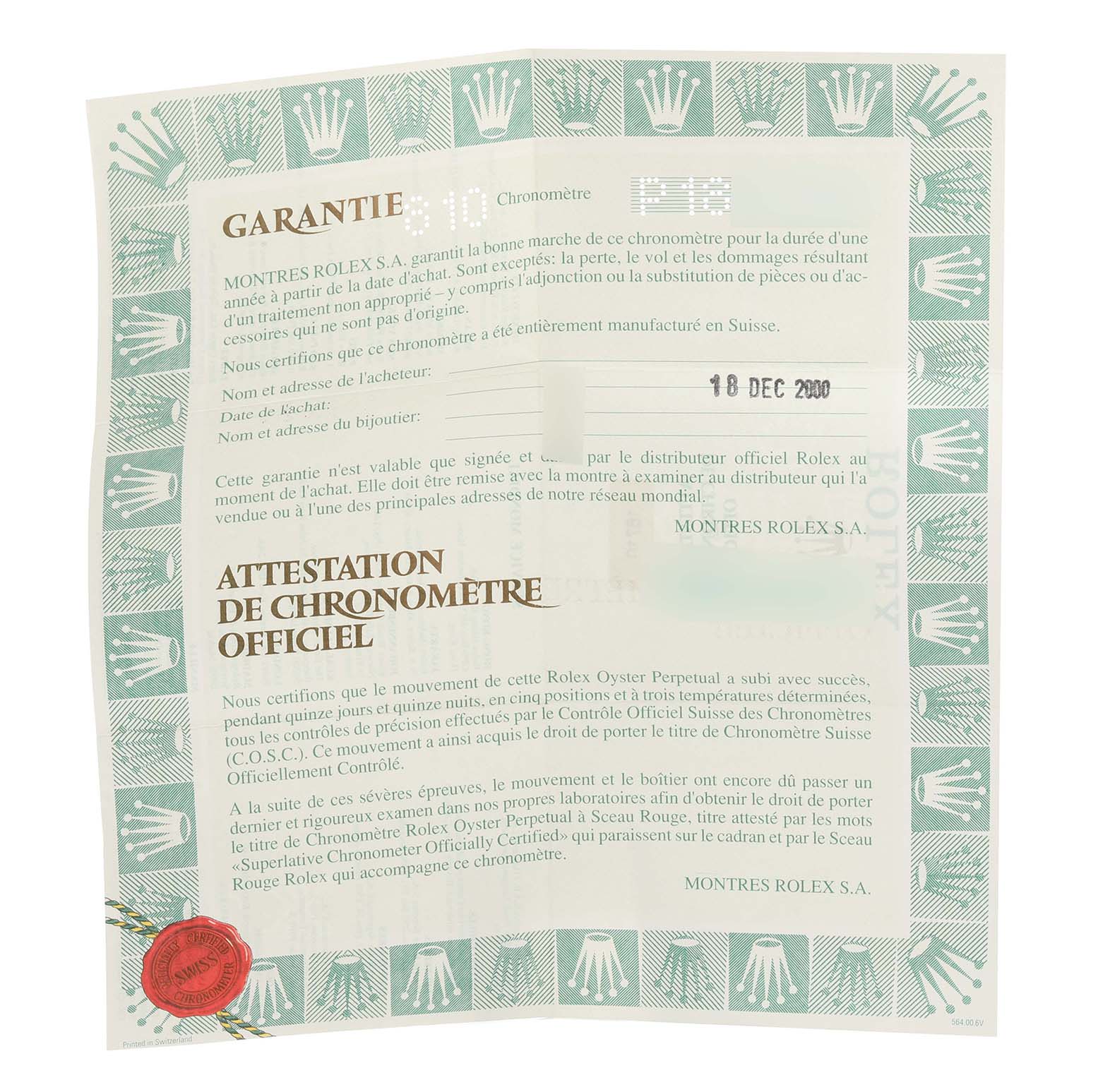 The image shows a warranty and chronometer certification document for the Rolex GMT-Master 16710 Men
s Stainless Steel Black Dial 16710 Men
s Stainless Steel Black Dial watch.