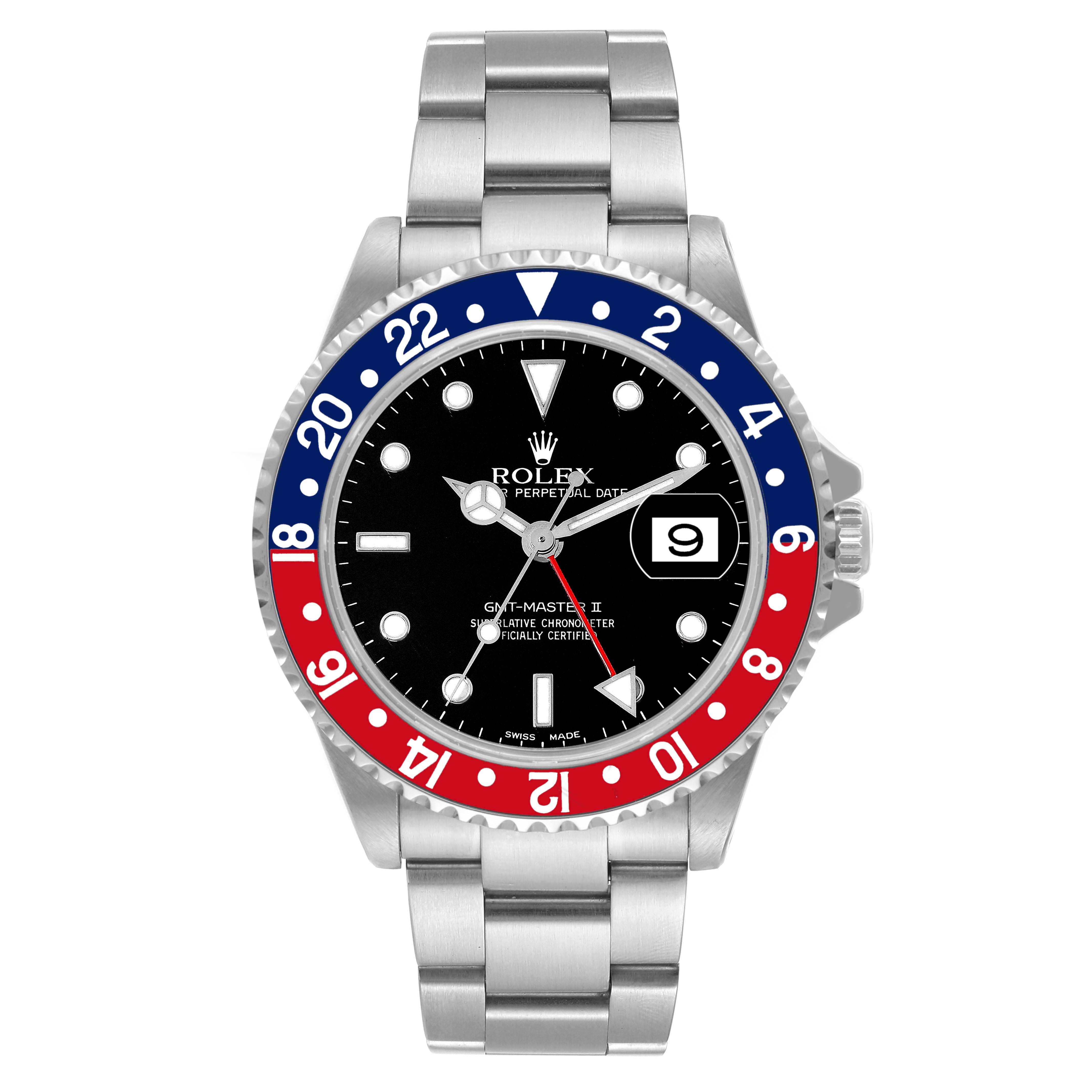 This image displays a frontal view of the Rolex GMT-Master 16710 Men
s Stainless Steel Black Dial 16710 Men
s Stainless Steel Black Dial watch, highlighting its bezel, dial, bracelet, and date window.