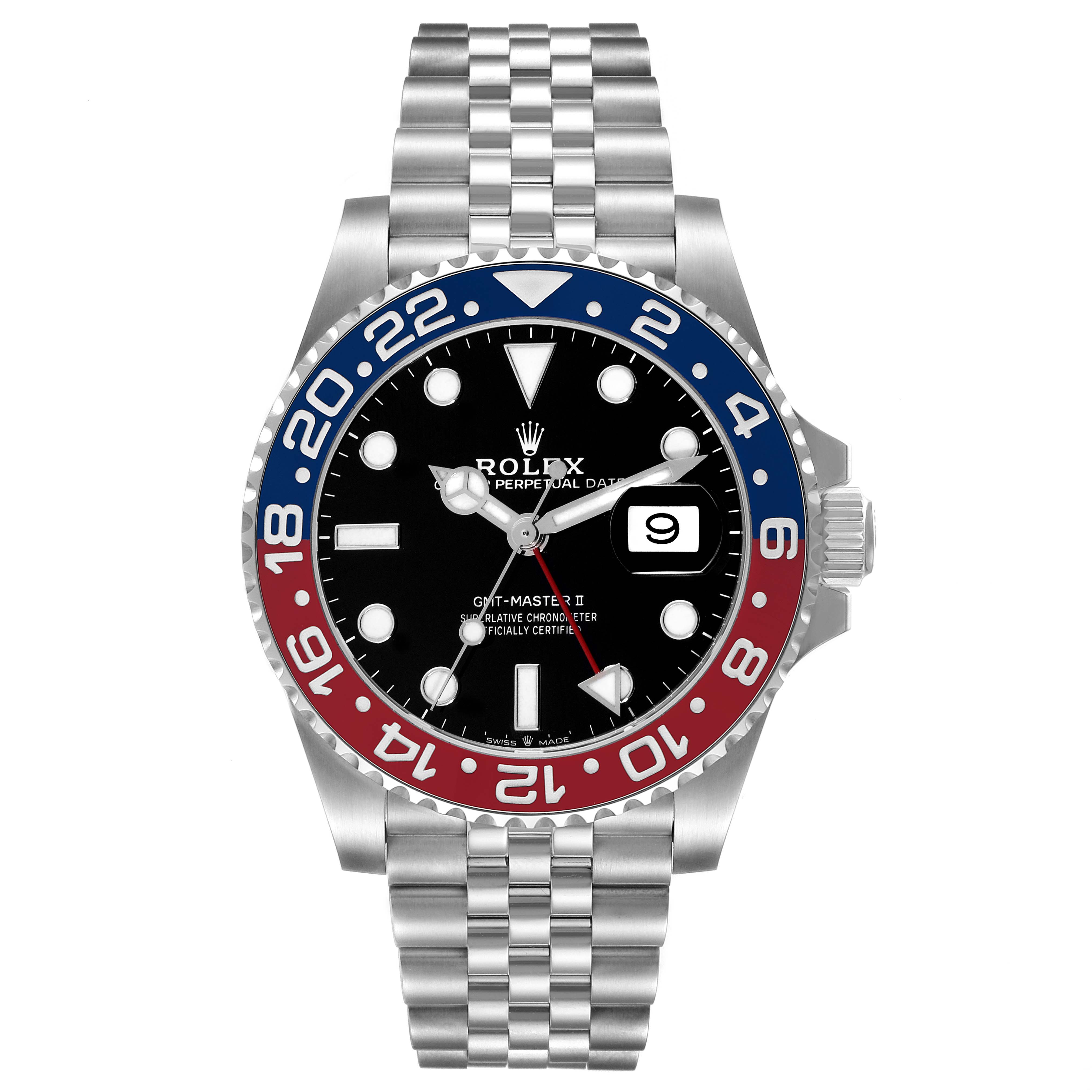 The image shows the front view of a Rolex GMT-Master 126710 Men
s Stainless Steel Black Dial 126710 Men
s Stainless Steel Black Dial II watch, displaying its bezel, dial, hands, and bracelet.