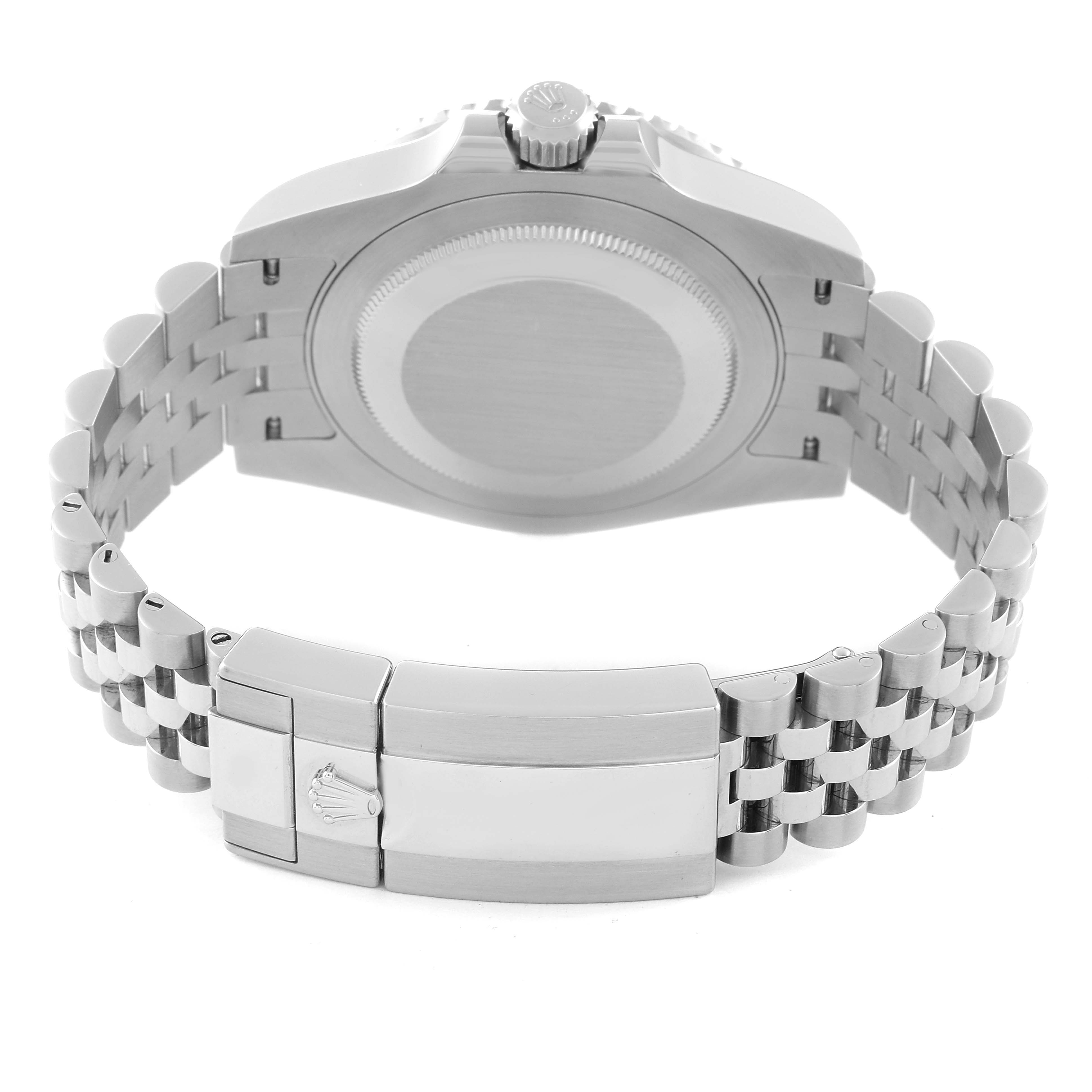 The image shows the backside and bracelet of a Rolex GMT-Master 126710 Men
s Stainless Steel Black Dial 126710 Men
s Stainless Steel Black Dial watch, with a focus on the clasp and case back.