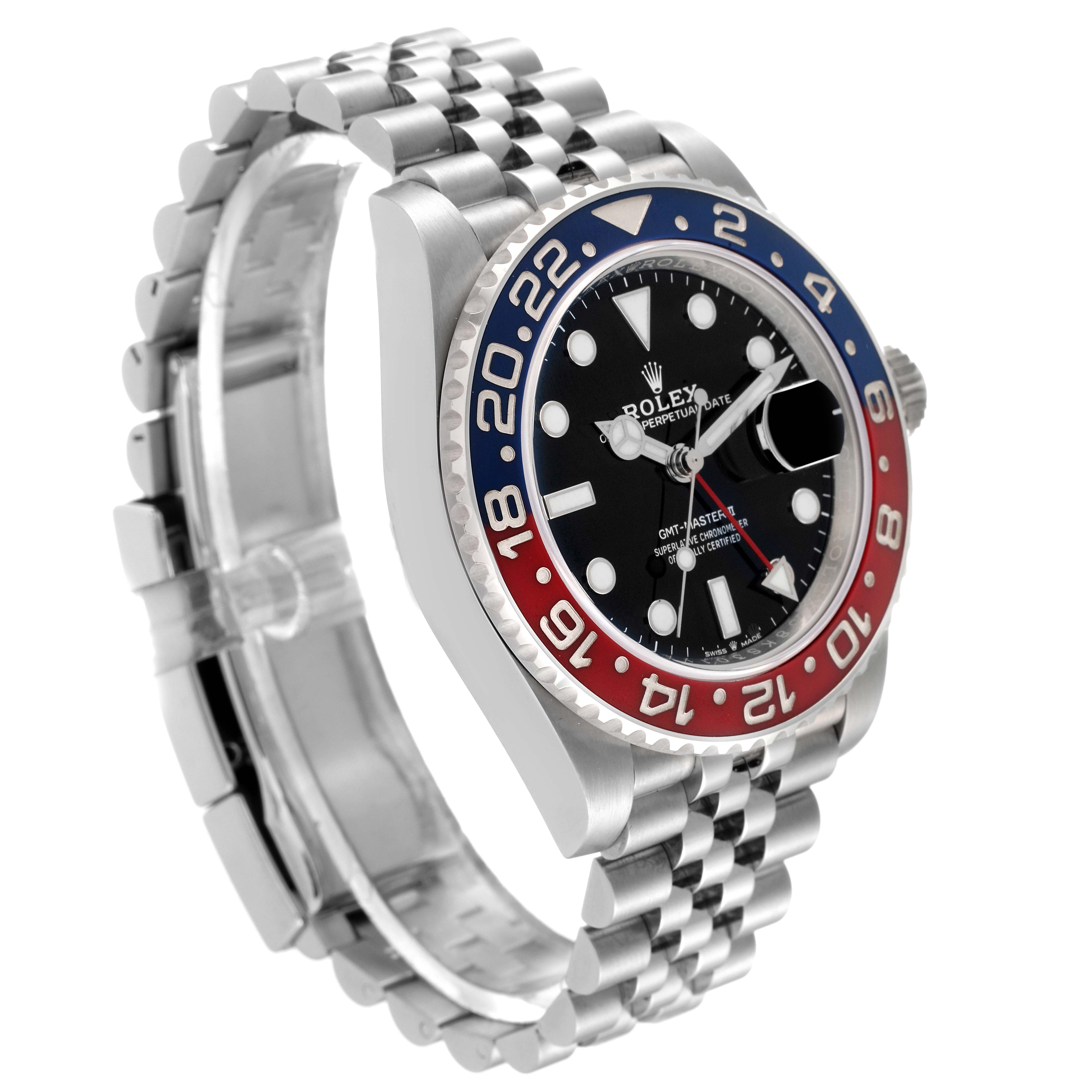 The Rolex GMT-Master 126710 Men
s Stainless Steel Black Dial 126710 Men
s Stainless Steel Black Dial watch is shown at an angle highlighting the bezel, dial, and bracelet.