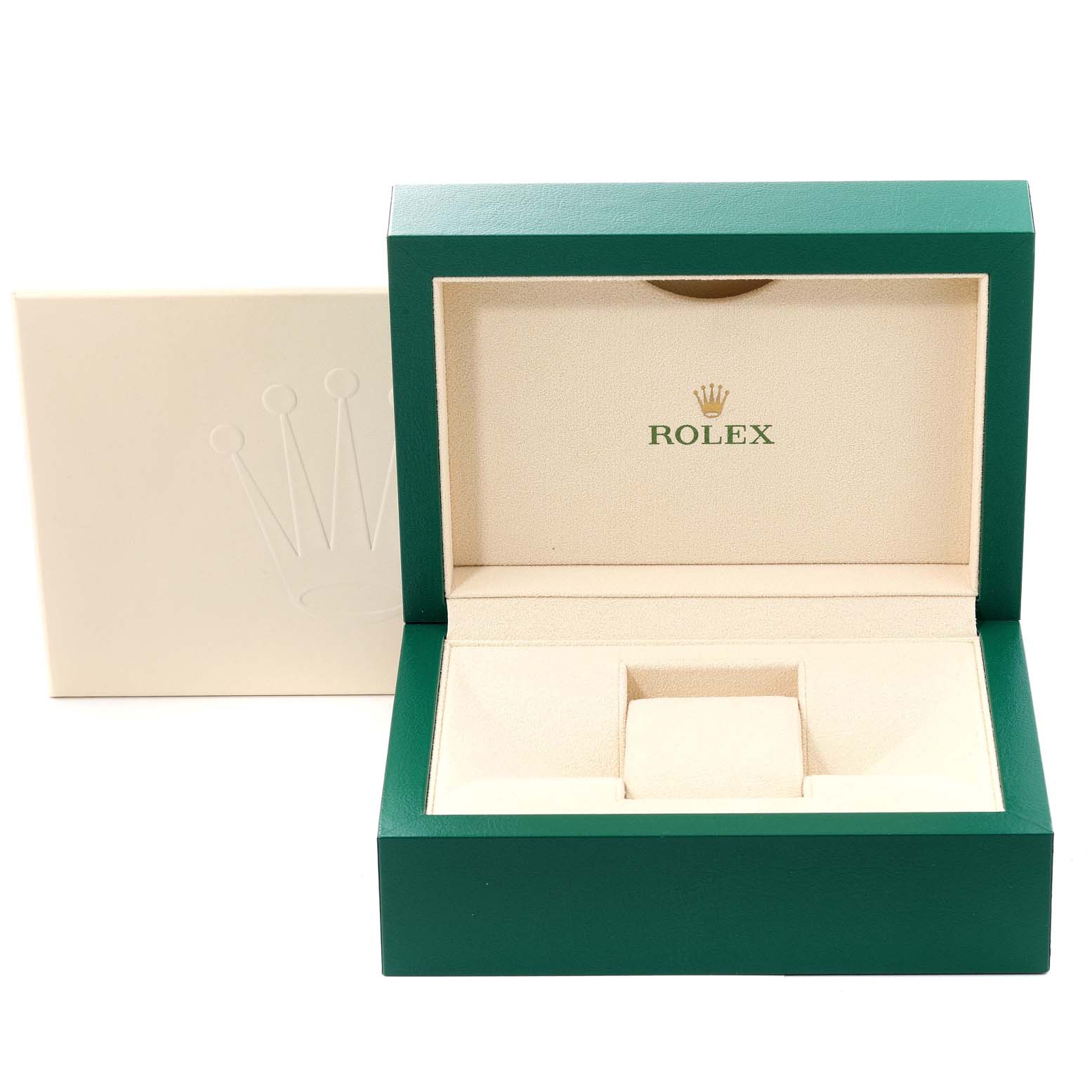 The image shows an opened green and beige Rolex GMT-Master 126710 Men
s Stainless Steel Black Dial 126710 Men
s Stainless Steel Black Dial watch box with its lid open and the insert holder visible.