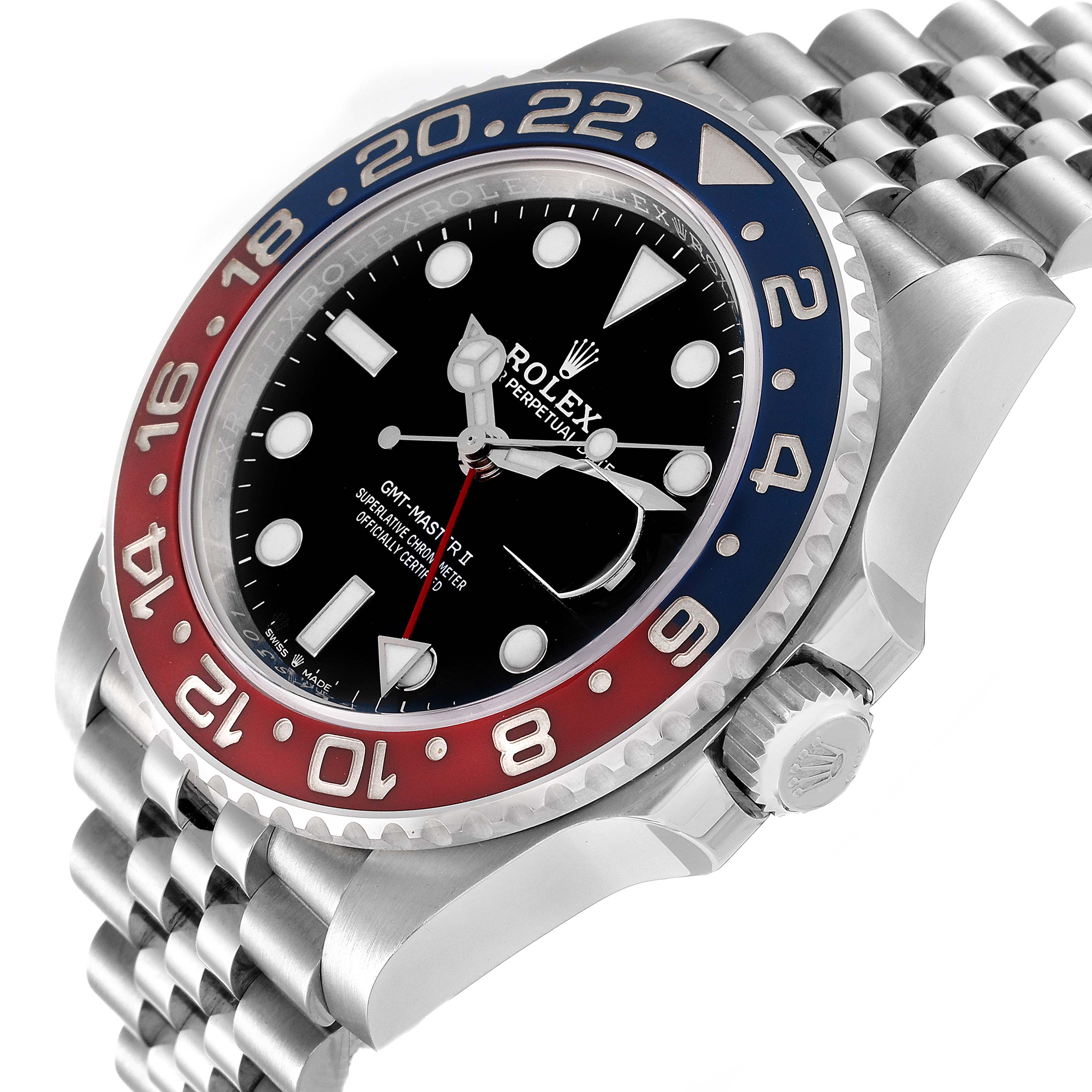 The image shows a side angle of the Rolex GMT-Master 126710 Men
s Stainless Steel Black Dial 126710 Men
s Stainless Steel Black Dial watch, highlighting the bezel, dial, and crown.