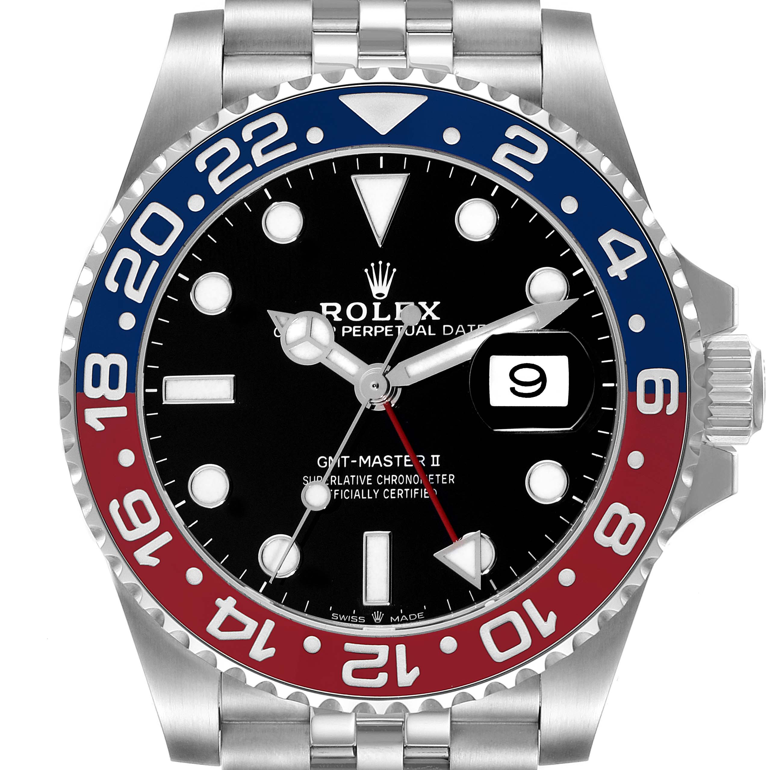 The image shows a front view of a Rolex GMT-Master 126710 Men
s Stainless Steel Black Dial 126710 Men
s Stainless Steel Black Dial II watch face, bezel, and part of its bracelet.