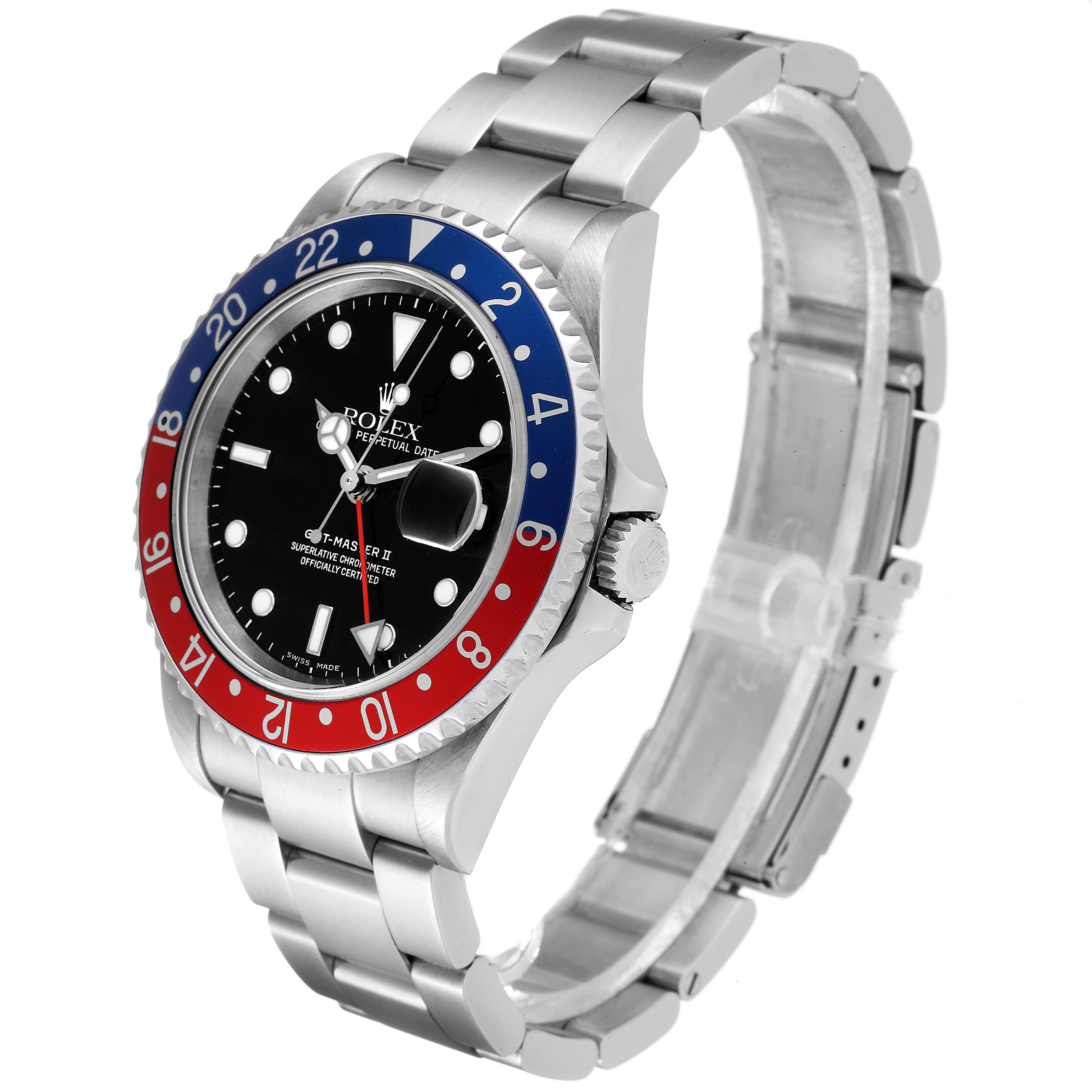 The image shows a Rolex GMT-Master 16710 Men
s Stainless Steel Black Dial 16710 Men
s Stainless Steel Black Dial watch angled to display its face, bezel, crown, and bracelet.