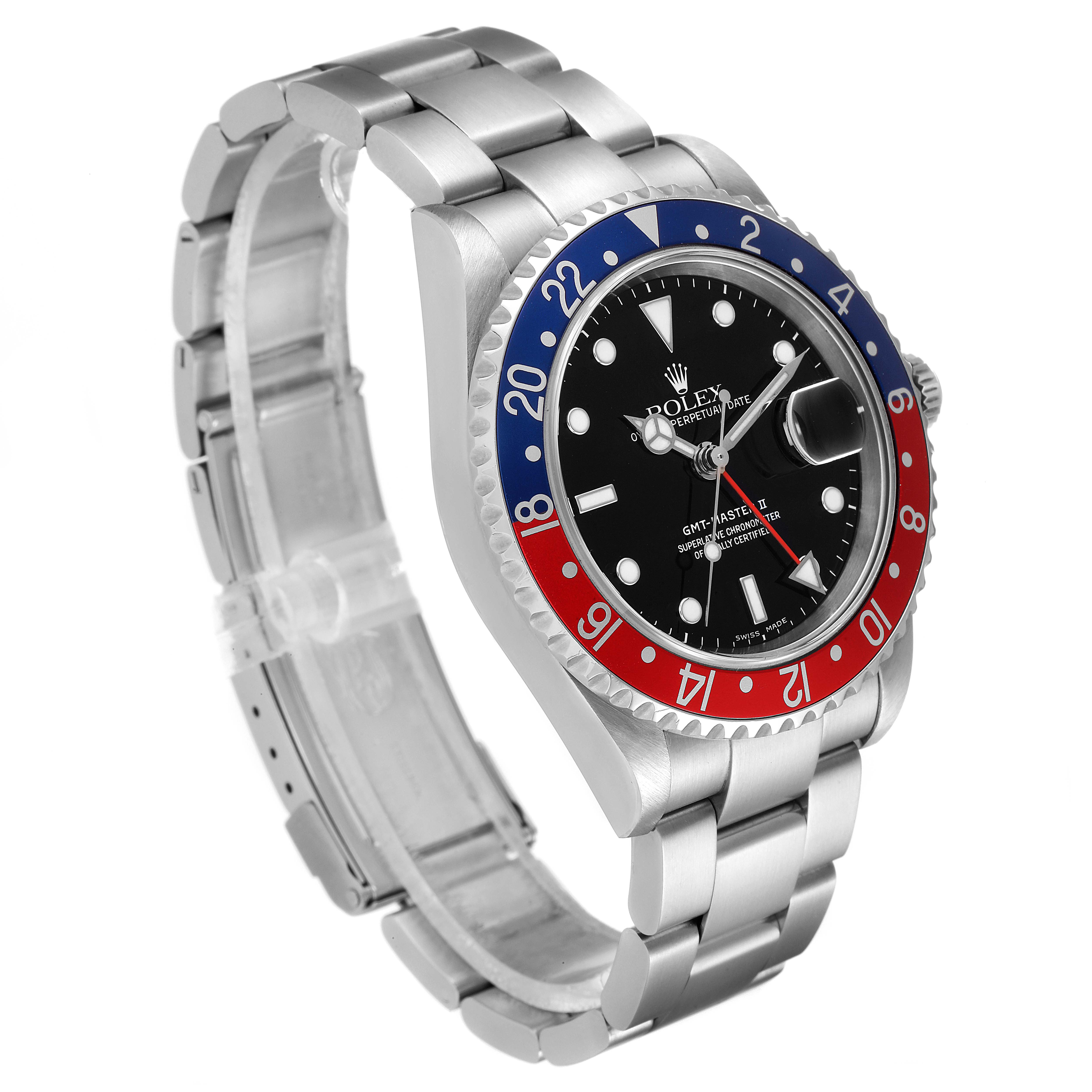 The image shows a side angle of a Rolex GMT-Master 16710 Men
s Stainless Steel Black Dial 16710 Men
s Stainless Steel Black Dial watch, featuring the bezel, dial, case, and bracelet.
