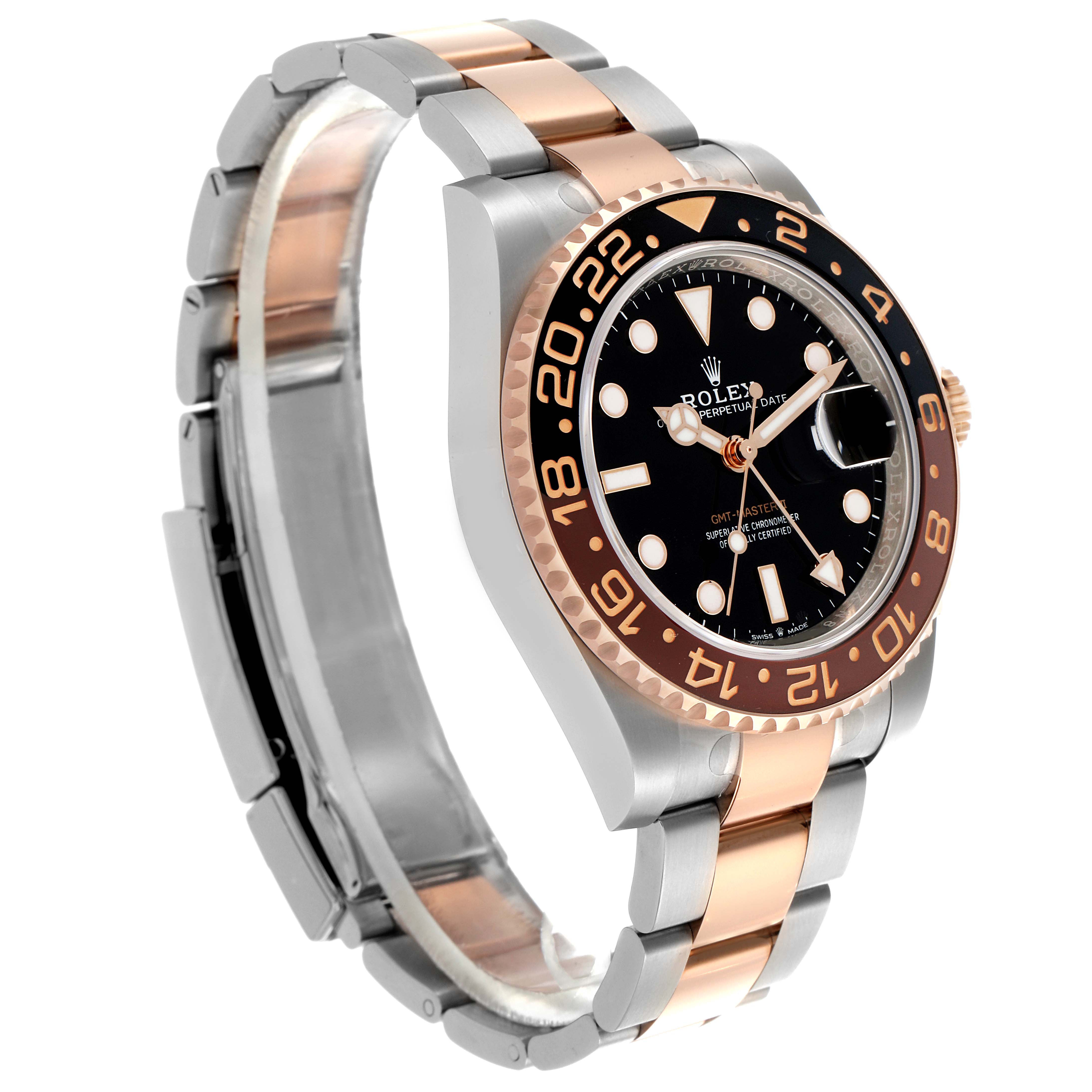 The Rolex GMT-Master 126711CHNR Men's Steel and Gold (two tone) Black Dial 126711CHNR Men's Steel and Gold (two tone) Black Dial watch is shown at a three-quarter angle, highlighting its bezel, face, and two-tone bracelet.