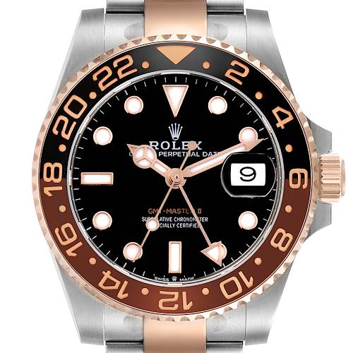 The Rolex GMT-Master watch is shown from the front, displaying the dial, bezel, hands, and part of the bracelet.