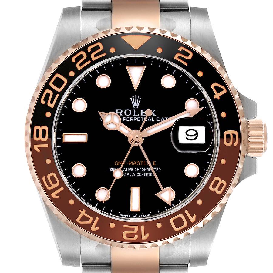 The Rolex GMT-Master watch is shown from the front, highlighting the bezel, dial, hands, and date window.