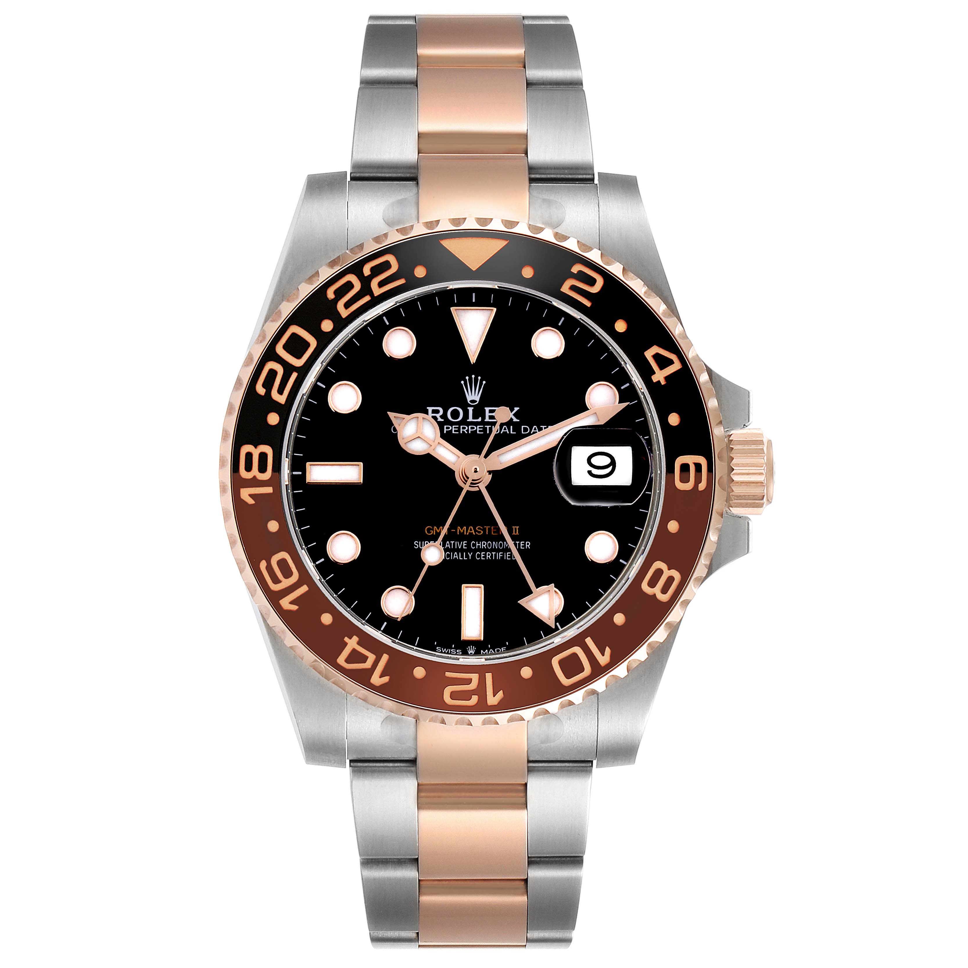 The Rolex GMT-Master 126711CHNR Men's Steel and Gold (two tone) Black Dial 126711CHNR Men's Steel and Gold (two tone) Black Dial watch is shown from a front angle, displaying its bezel, dial, hands, date window, and bracelet.