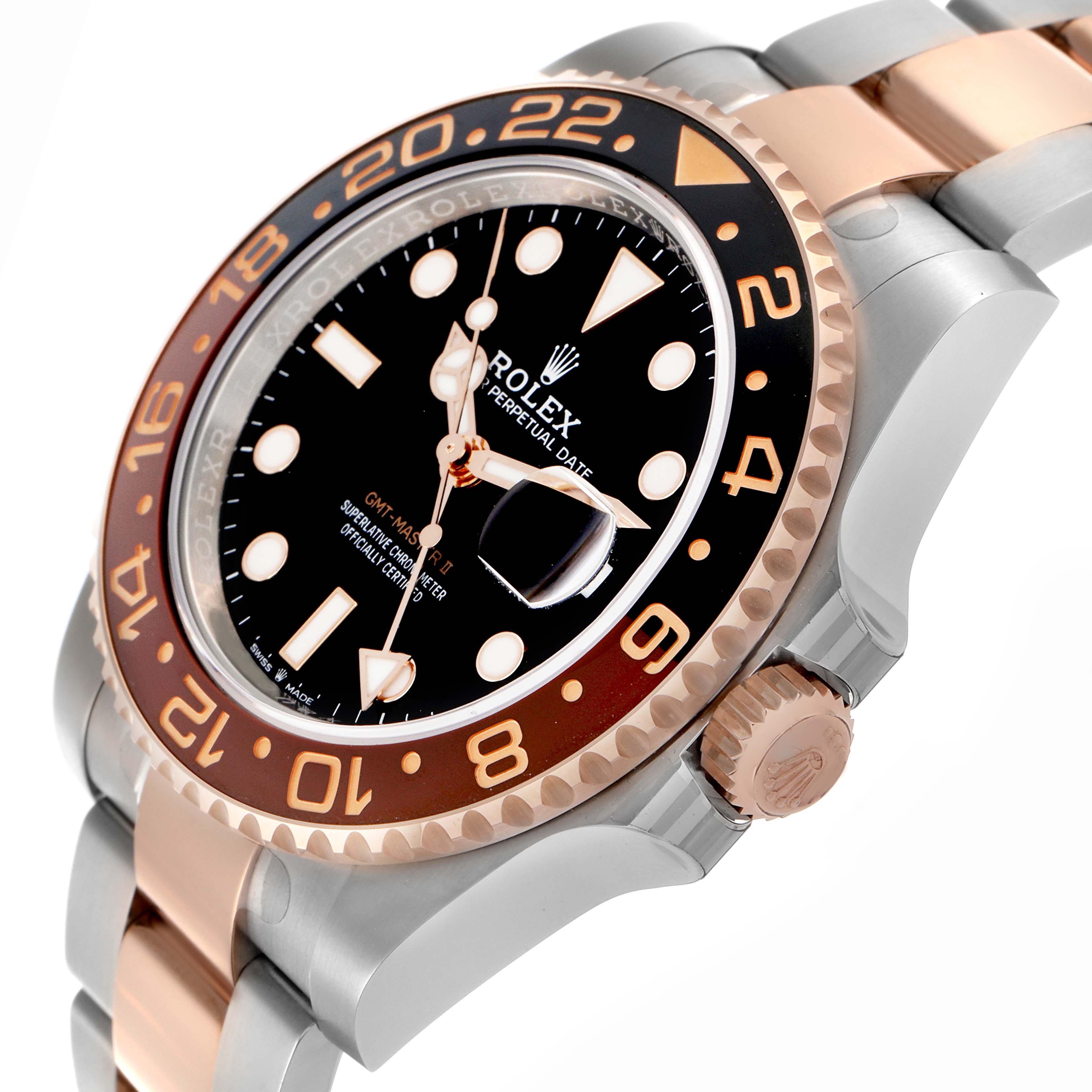 The Rolex GMT-Master 126711CHNR Men's Steel and Gold (two tone) Black Dial 126711CHNR Men's Steel and Gold (two tone) Black Dial watch is shown at an angle highlighting the bezel, crown, and part of the bracelet.